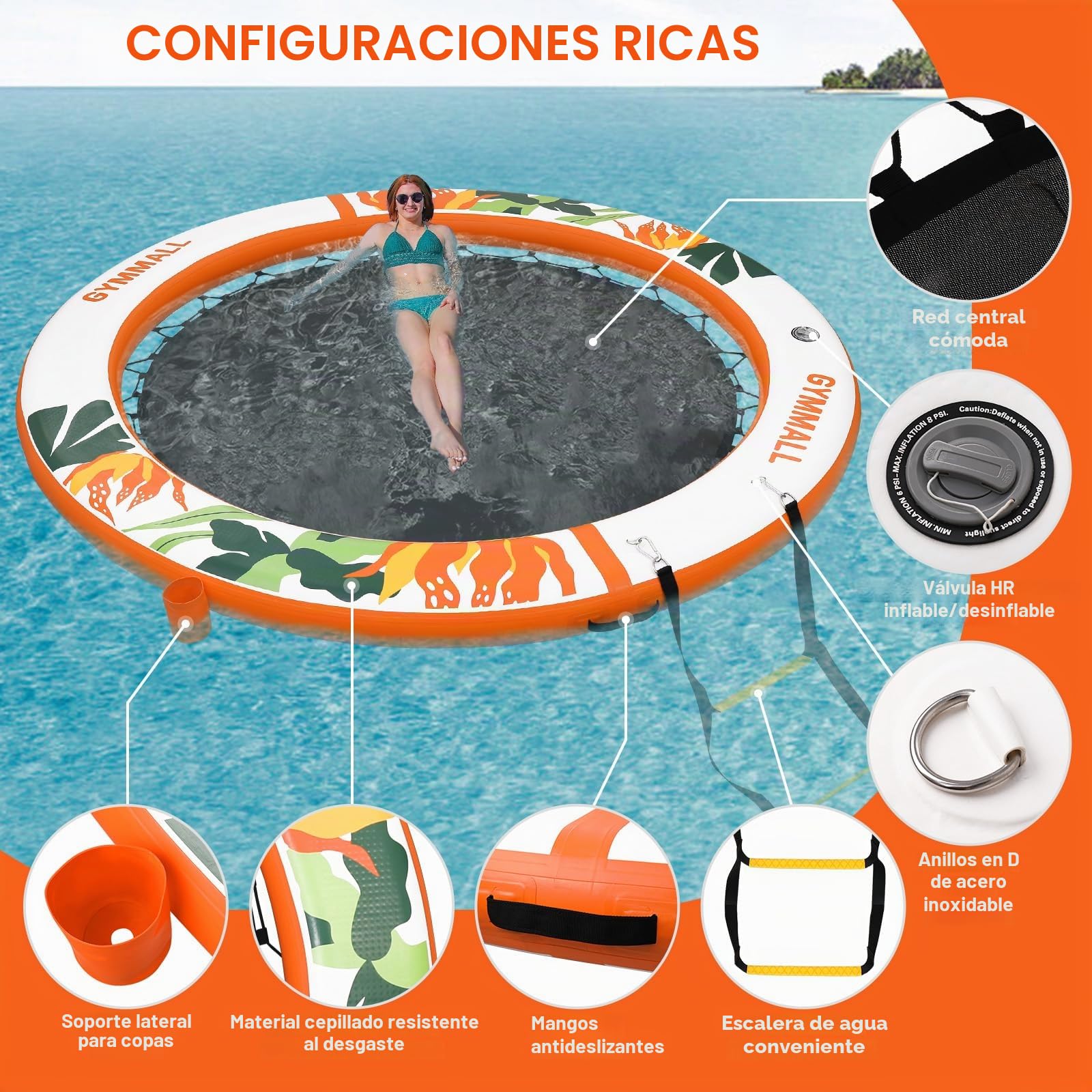 Plataforma Flotante Inflable Colchoneta Piscina 240 cm, Anillo Sunchill, Floating Yoga Dock Isla Flotante Hamaca Acuática Flotador Reposera con Escalera y Portavasos