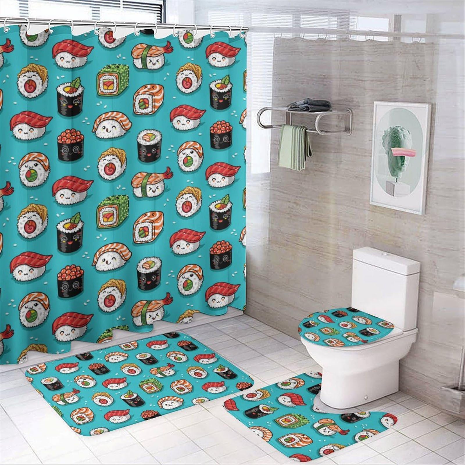 JZemdybill Bathroom Mat Set 4 Piece, Sushi Cute Style Shower Curtain with Non-Slip Bath Mats for Bathroom