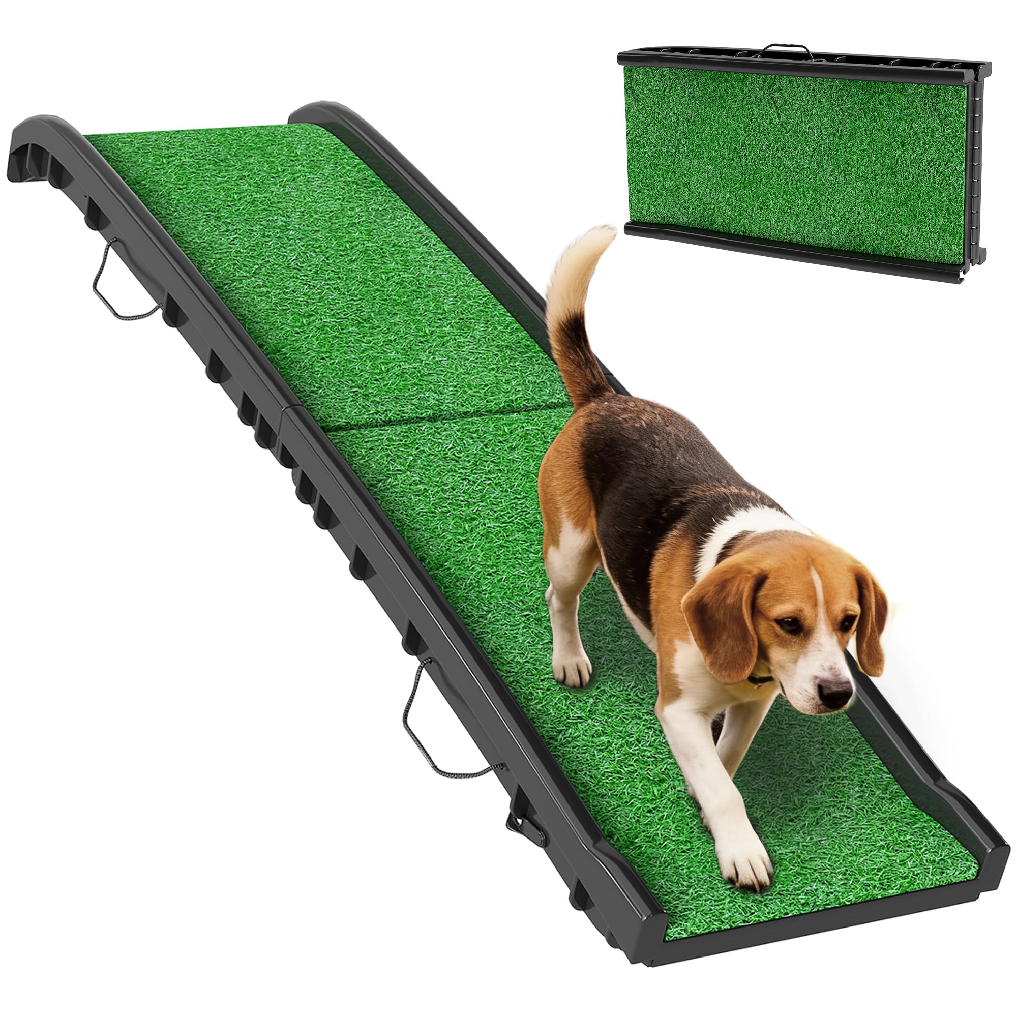 PawHut Rampa para Perros con Césped Artificial, 155 cm, Rampa para Perros para Coche Plegable con Asa, Ángulo Ajustable, Antideslizante, para Todas Las Razas, para Cama, Sofá, Verde - 2