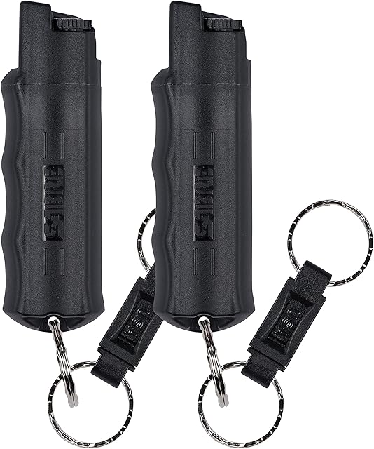 SABRE Defense Spray, 3-in-1 Formula Contains Max Strength Pepper Spray, CS Military Tear Gas & UV Marking Dye, Quick Release Key Ring for Easy Carry, Finger Grip for Accurate Aim, 25 Bursts