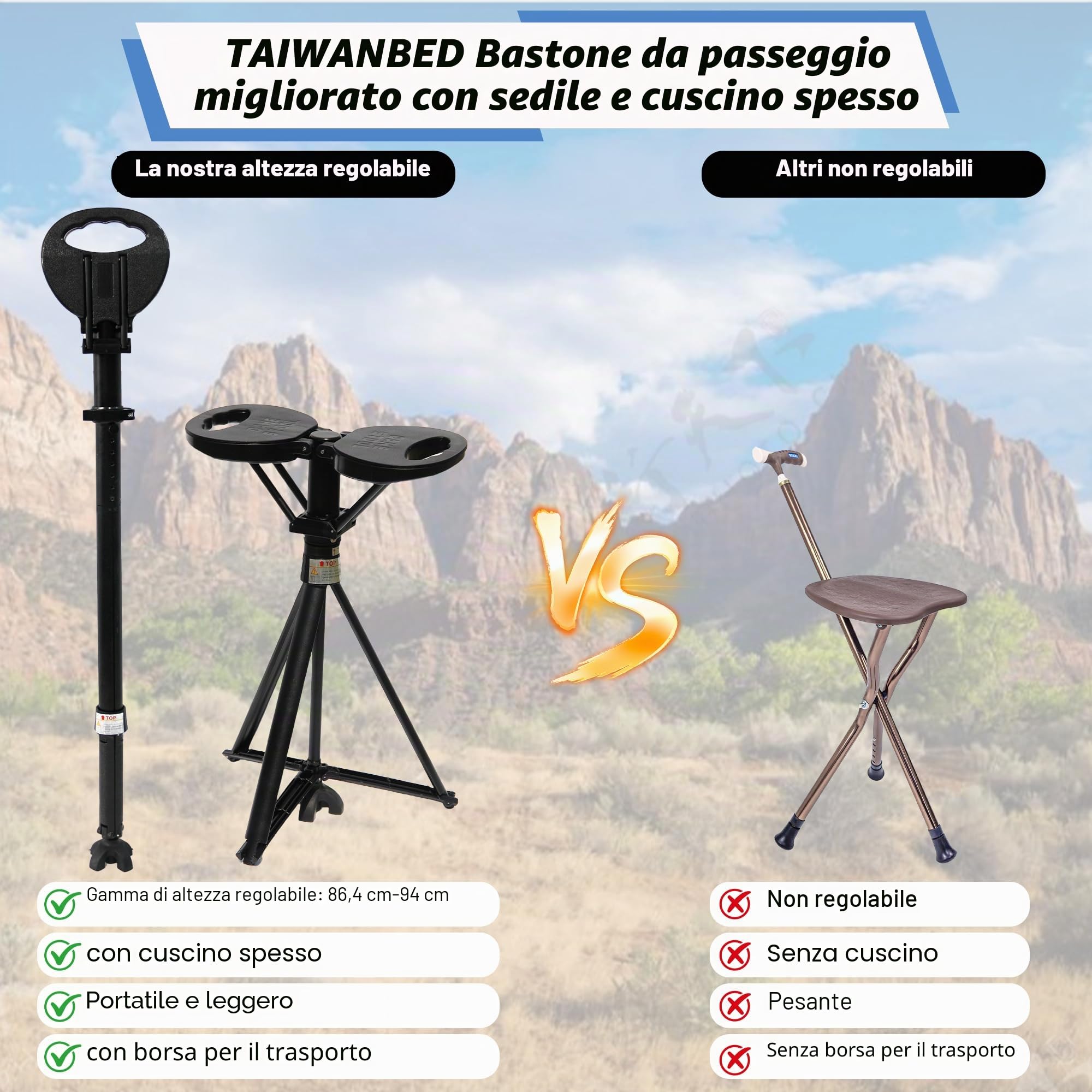 Bastone da passeggio con sedile, bastone pieghevole portatile, regolabile, per donne e uomini, bastone da passeggio retrattile per anziani e donne, per viaggi all'aperto