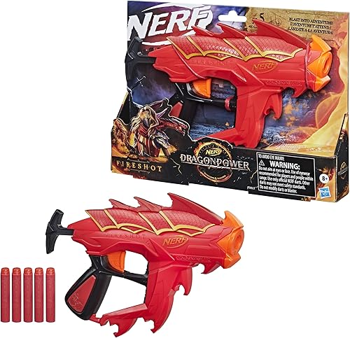 NERF DragonPower Fireshot - Lanzador de dardos inspirado en mazmorras y dragones, 5 dardos, almacenamiento de 4 dardos, mango de imprimación