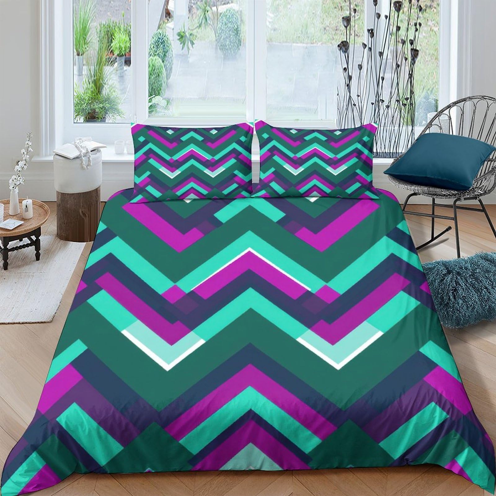 Ctjqhvkz Style-9 3D Printed Geometric Chevron Fitted Sheet Microfiber Purple Green Zigzag Mattress Cover Bedroom Decor Single（135X200cm）