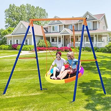 GIKPAL Saucer Swing with Stand for Kids Outdoor, 440lbs Swing Set with Heavy-Duty Metal Frame and Adjustable Ropes, Safe Waterproof Round Swing for Backyard Playground Park, Rainbow Color