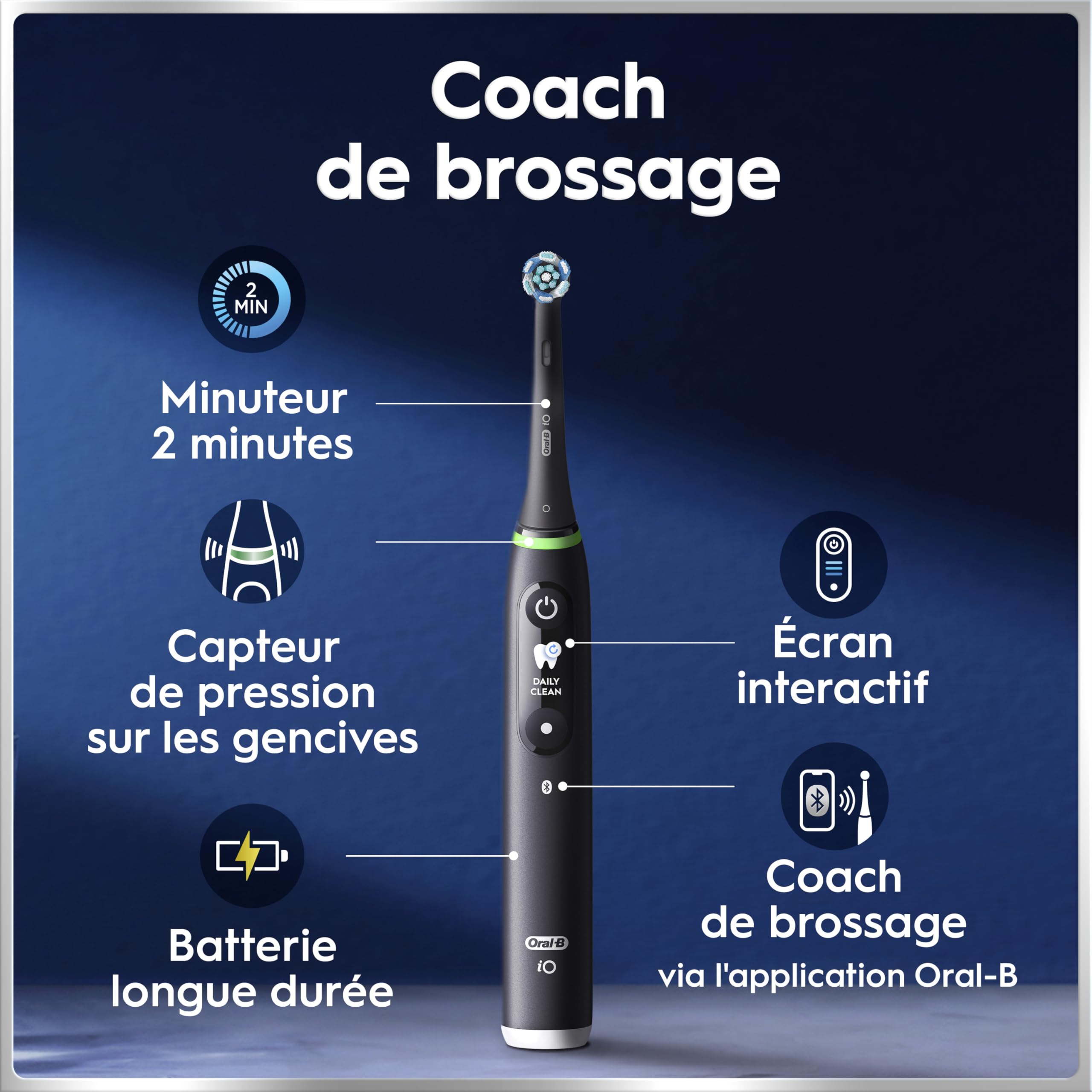 Oral-B Brosse à Dents Electrique iO 6, 3 Brossettes de Rechange, Noire – 5 Modes de Brossage dont Blancheur et Soin des Gencives, Capteur de Pression, Batterie Rechargeable, Ecran Interactif, Etui