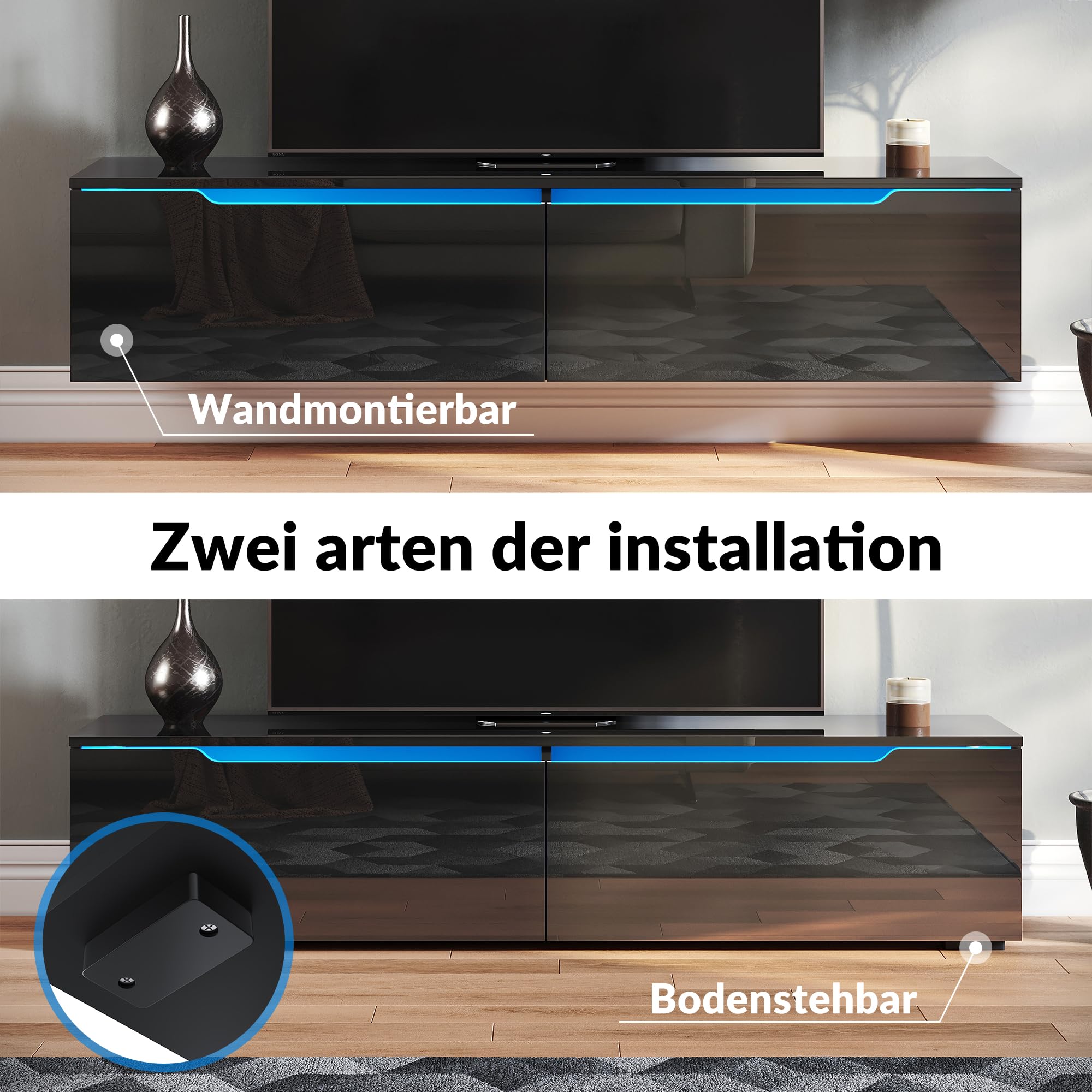 SONNI Szafka pod telewizor 200 cm, wysoki połysk, czarna, wisząca/stojąca, z 16 kolorami oświetlenia LED, 2 szuflady, stolik pod telewizor do salonu i sypialni, 200 x 35 x 30 cm.