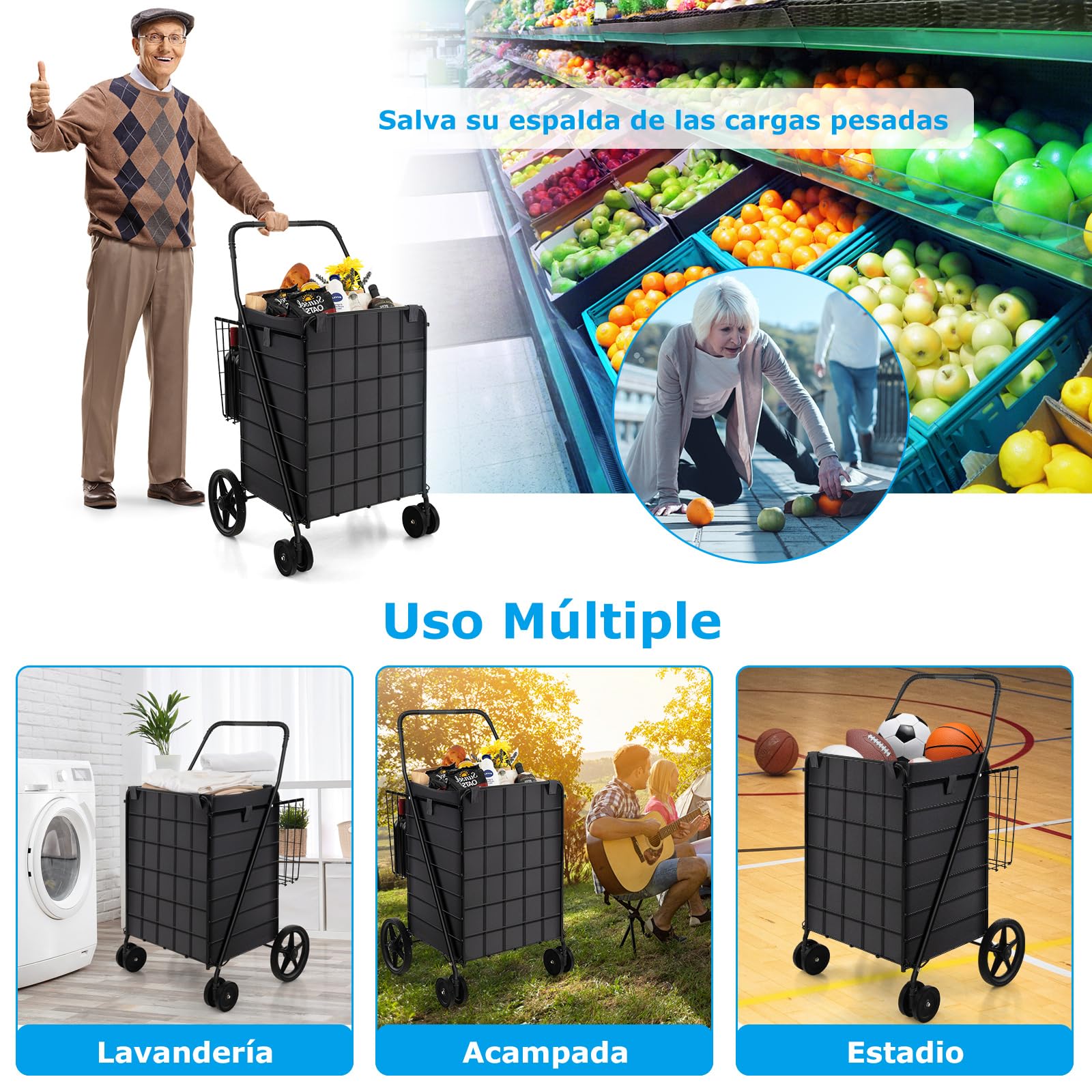 COSTWAYCarro Plegable con 2 Cestas, Compra 4 Cuedas, Forro Oxford Impermeable, 120 L, Metal, Asa Antideslizante, Soporta hasta 40 kg para Supermercado