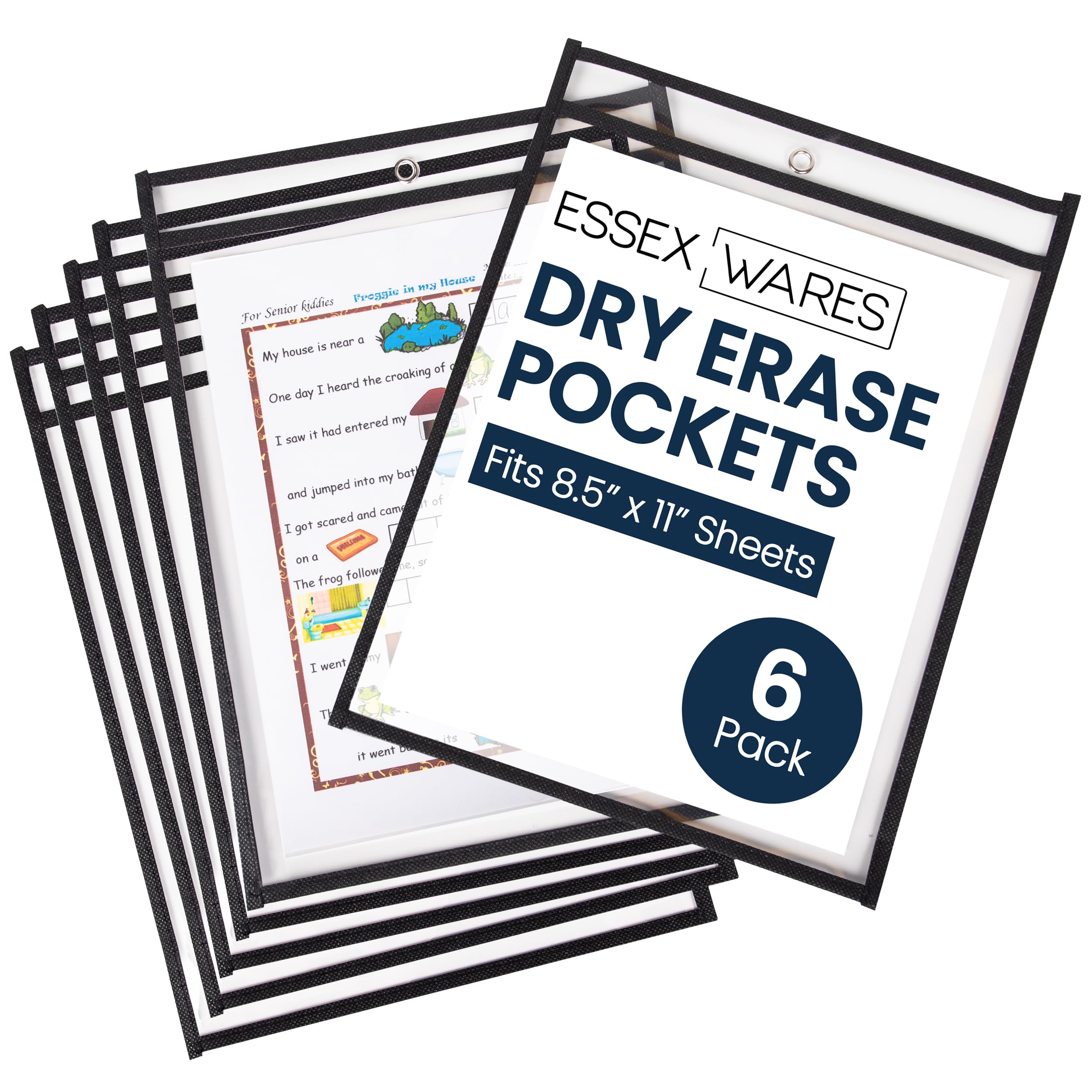 Essex Wares - 6 Pack, Black, Dry Erase Pocket Document Protectors, 10" Wide x 13.5" Tall - Dry Erase Clear Plastic Sleeves - Reusable & Easy Erase Plastic Invoice Holders, Water-Resistant & Durable