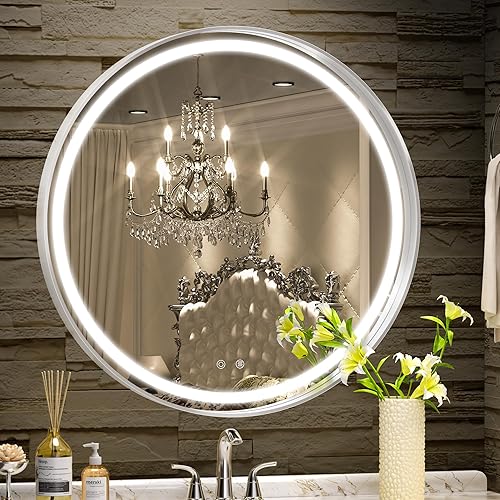 Hasipu Espejo LED redondo de 24 luces para baño con luces, espejo circular plateado para pared, espejos frontales de baño con marco de metal,