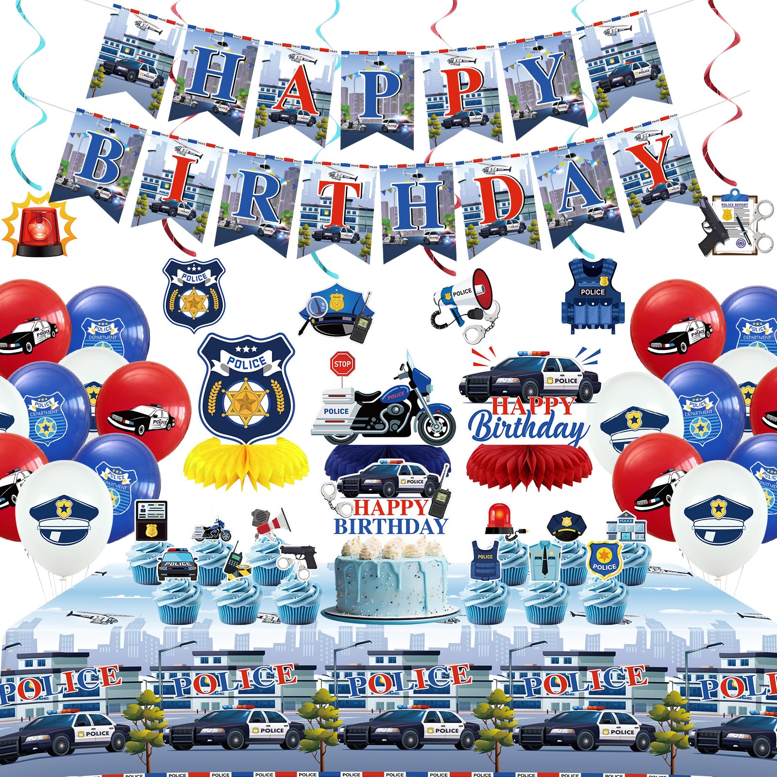 Obussgar Police Birthday Party Decorations - Police Party Supplies including Banner, Spirals, Cake Toppers, Table Centerpieces, Balloons (lq)