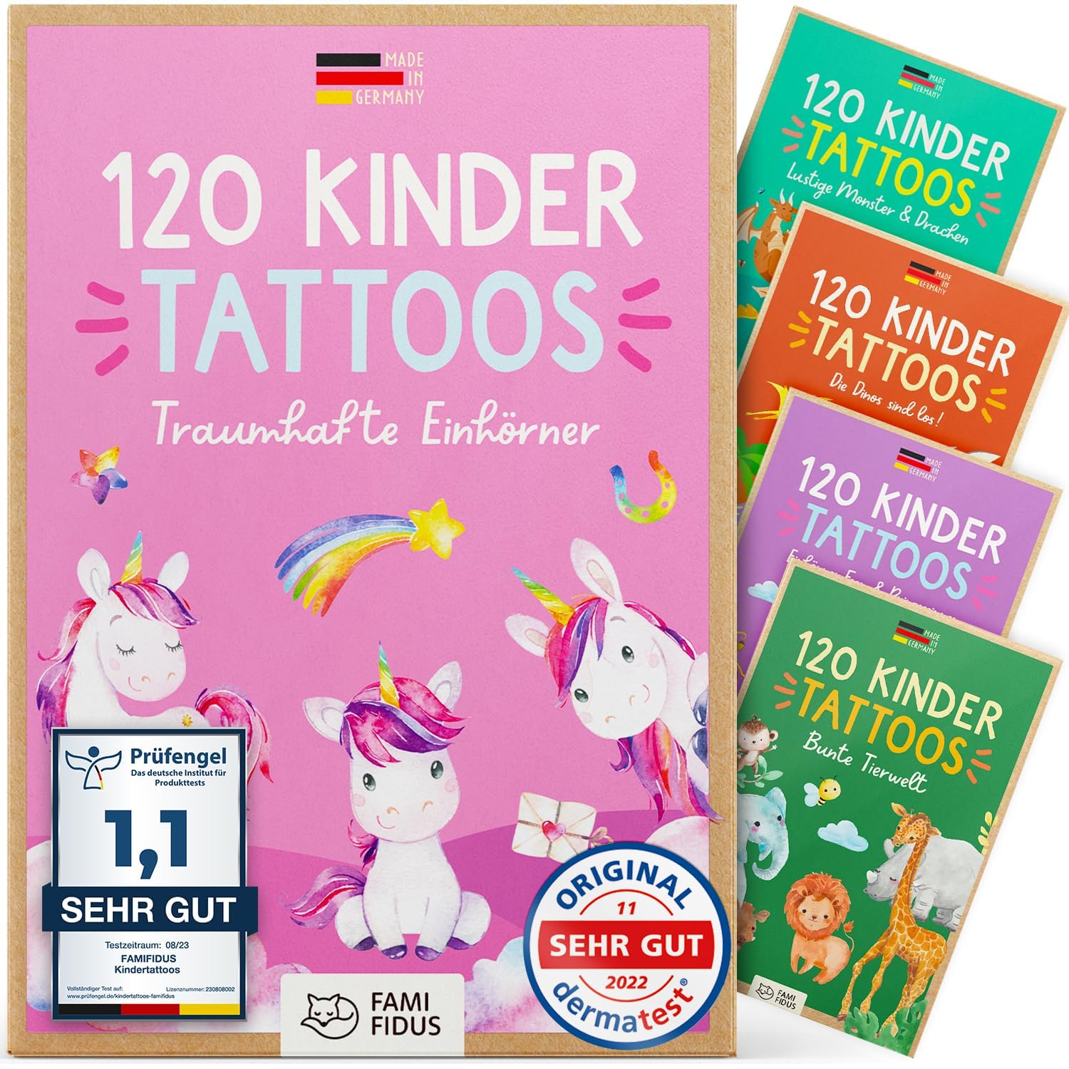 Famifidus 120 Kinder Tattoos hautfreundlich I Zauberhaftes Geschenk für Mädchen und Jungen I Dermatologisch SEHR GUT I Tattoo Kinder Made in Germany I Tattoo für Jungs & Mädchen