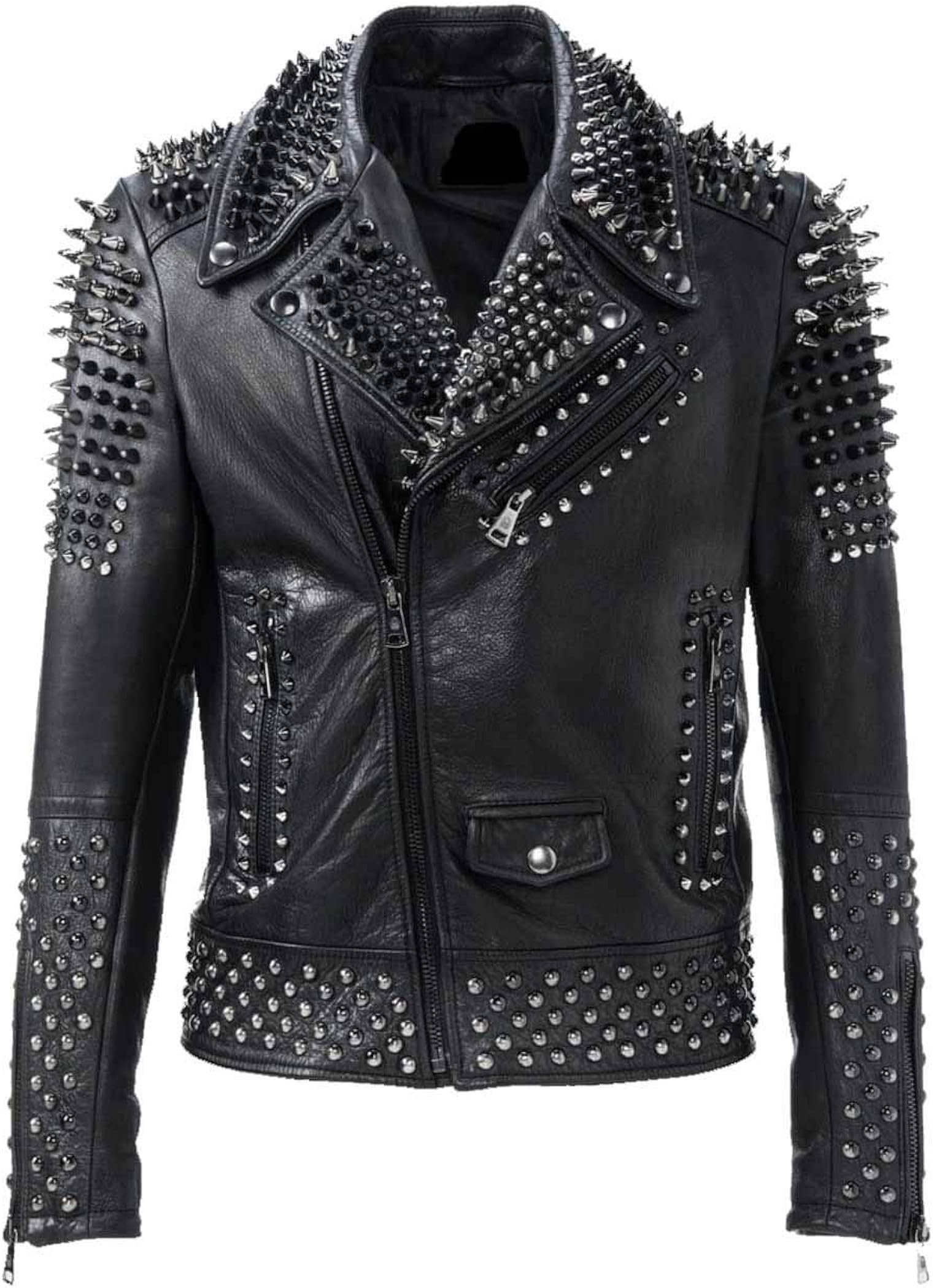 LP-FACON - Giacca in pelle di agnello da motociclista da uomo, con borchie e borchie di Brando, stile rock punk, colore nero