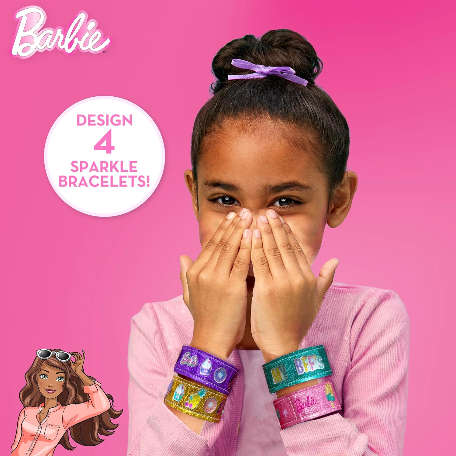 Barbie Sparkle Bracelet Making Kit, 4 Reversible Shimmery Bracelets, 100+ Traditional and Puffy Resin Stickers, DIY Friendship Jewelry, Girls Toys, Arts and Crafts for Kids Age 8-12, Gifts for Girls