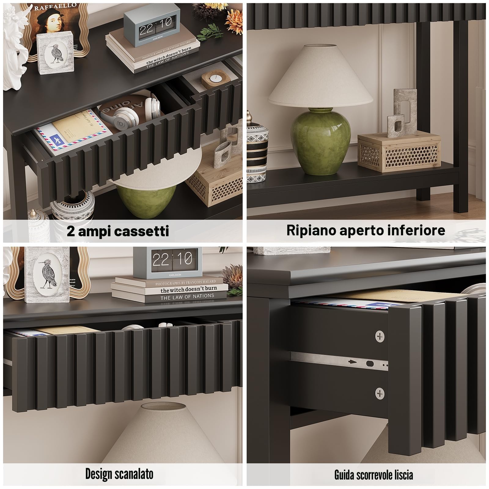 Trironsun Tavolo consolle sottile con 2 cassetti e ripiano, moderno tavolo in legno per corridoio, soggiorno o dietro il divano (nero, 2 cassetti)