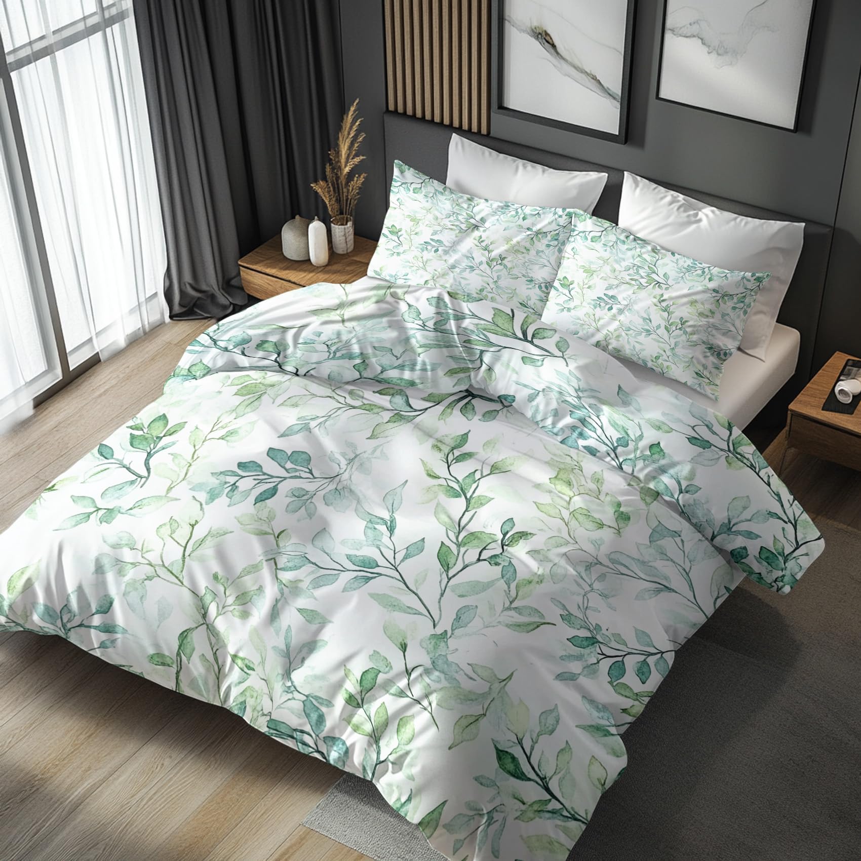 Nogawa White Green Green Leaf Emperor Duvet Cover - Botanical Bedding Set - Reversible Quilt Cover & 2 Pillowcases With Zip And Ties, Ultra Soft And Non Iron Brushed Microfibre Bed Set