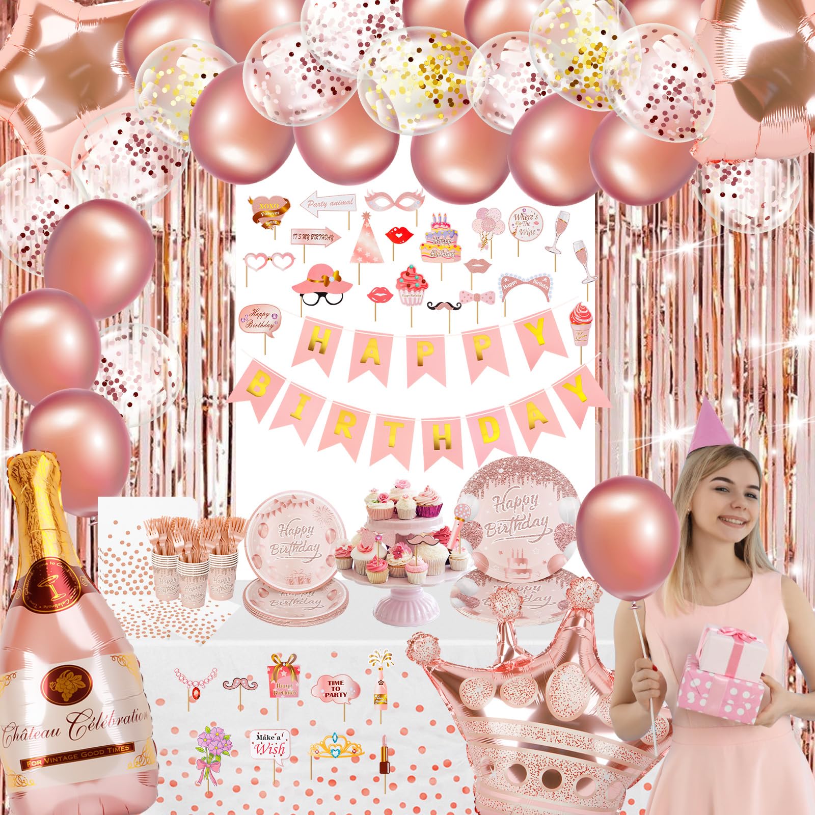 Decorazioni per feste di buon compleanno per donne, piatti di compleanno in oro rosa, tovaglioli, striscioni da appendere a vortice, articoli per feste per ospiti, oro rosa