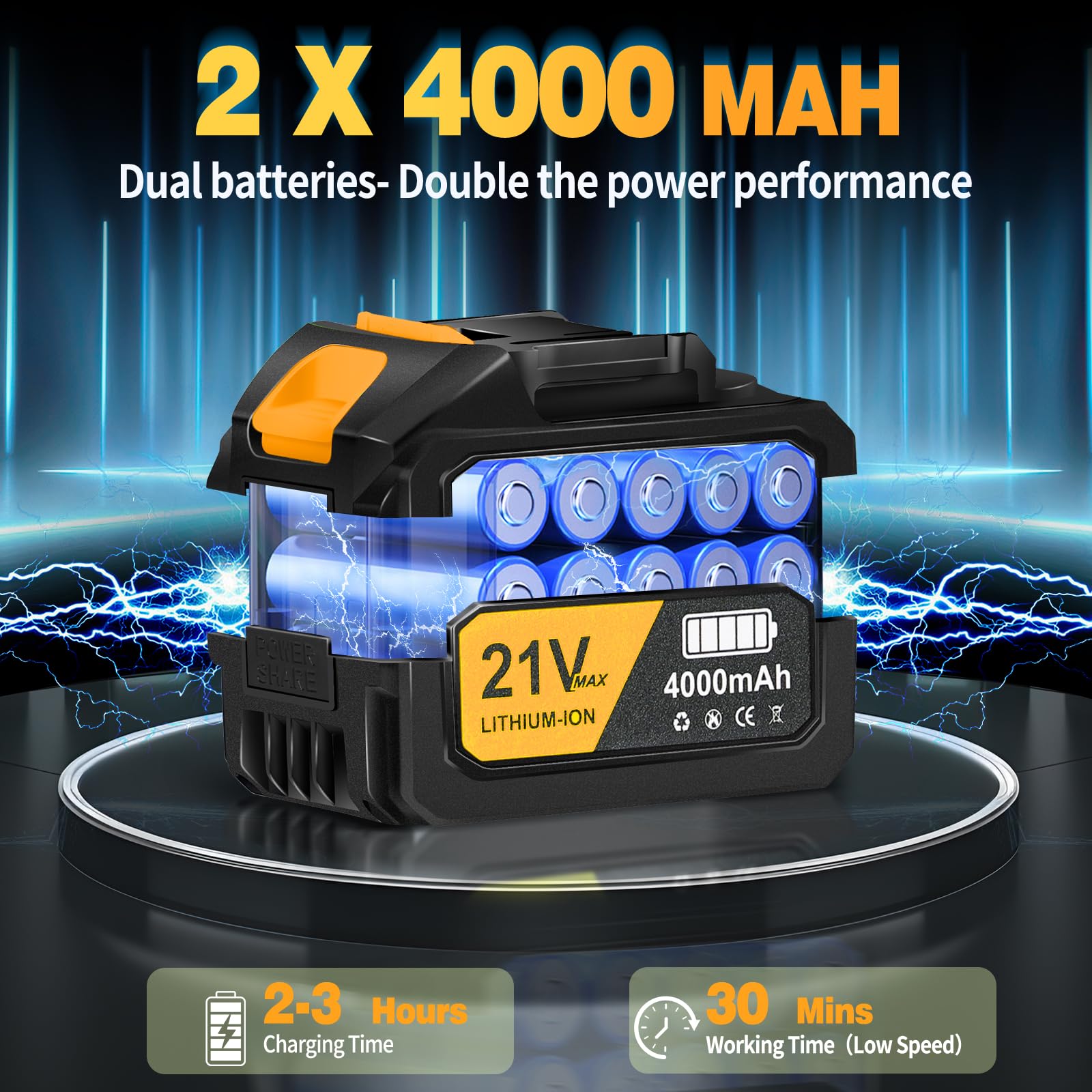 Soffiatore a Batteria Portatile, Aria Potente ad Alta Velocità con 2 Batterie 4000mAh, Velocità Del Vento 65 m/s, Soffiatore per Foglie Leggero per Giardino, Polvere e Neve,Giallo