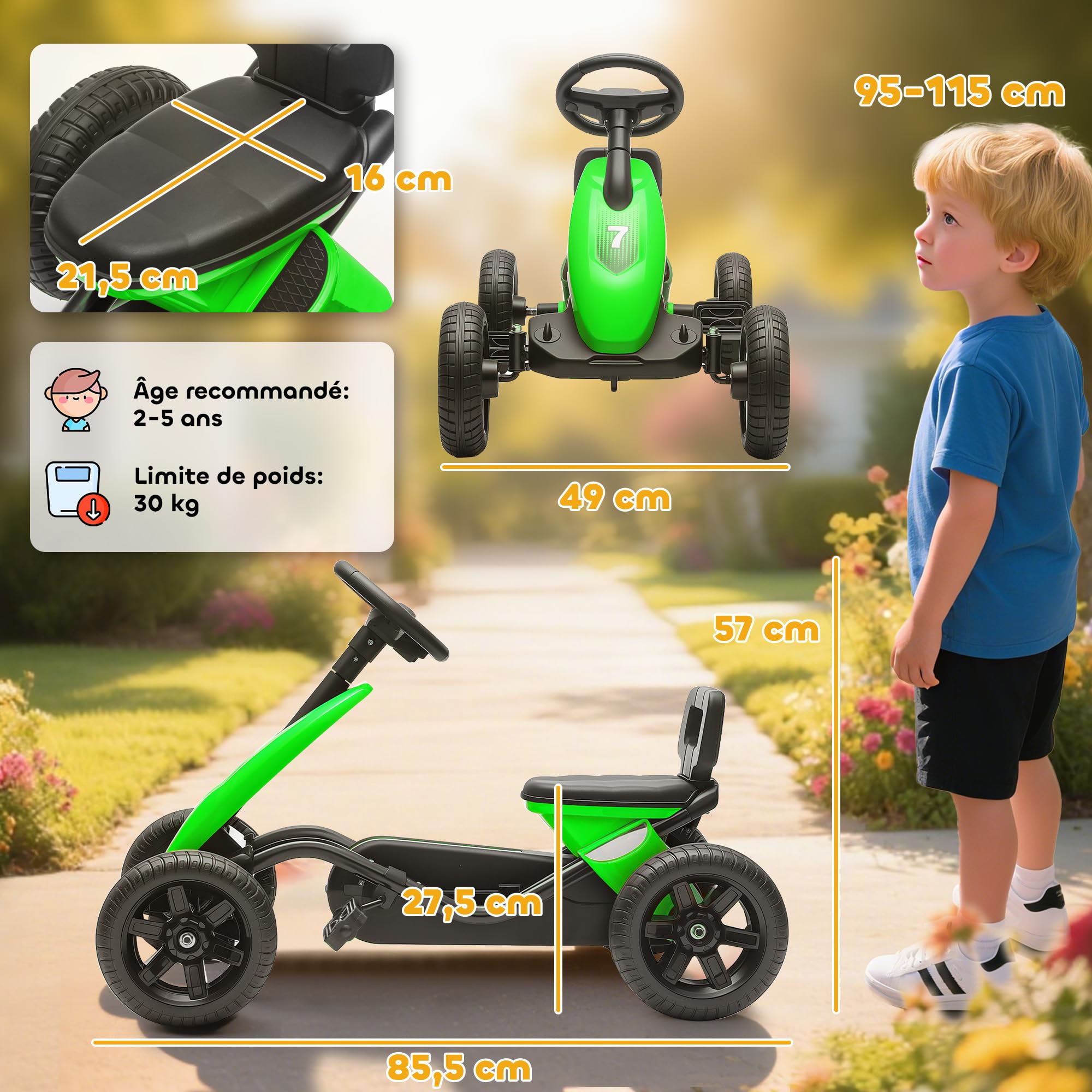 AIYAPLAY Kart a pedales para niños, go-Kart para niños con ruedas de EVA silenciosas, avanzar y retroceder, coche a pedales para niños de 2 a 5 años, color verde