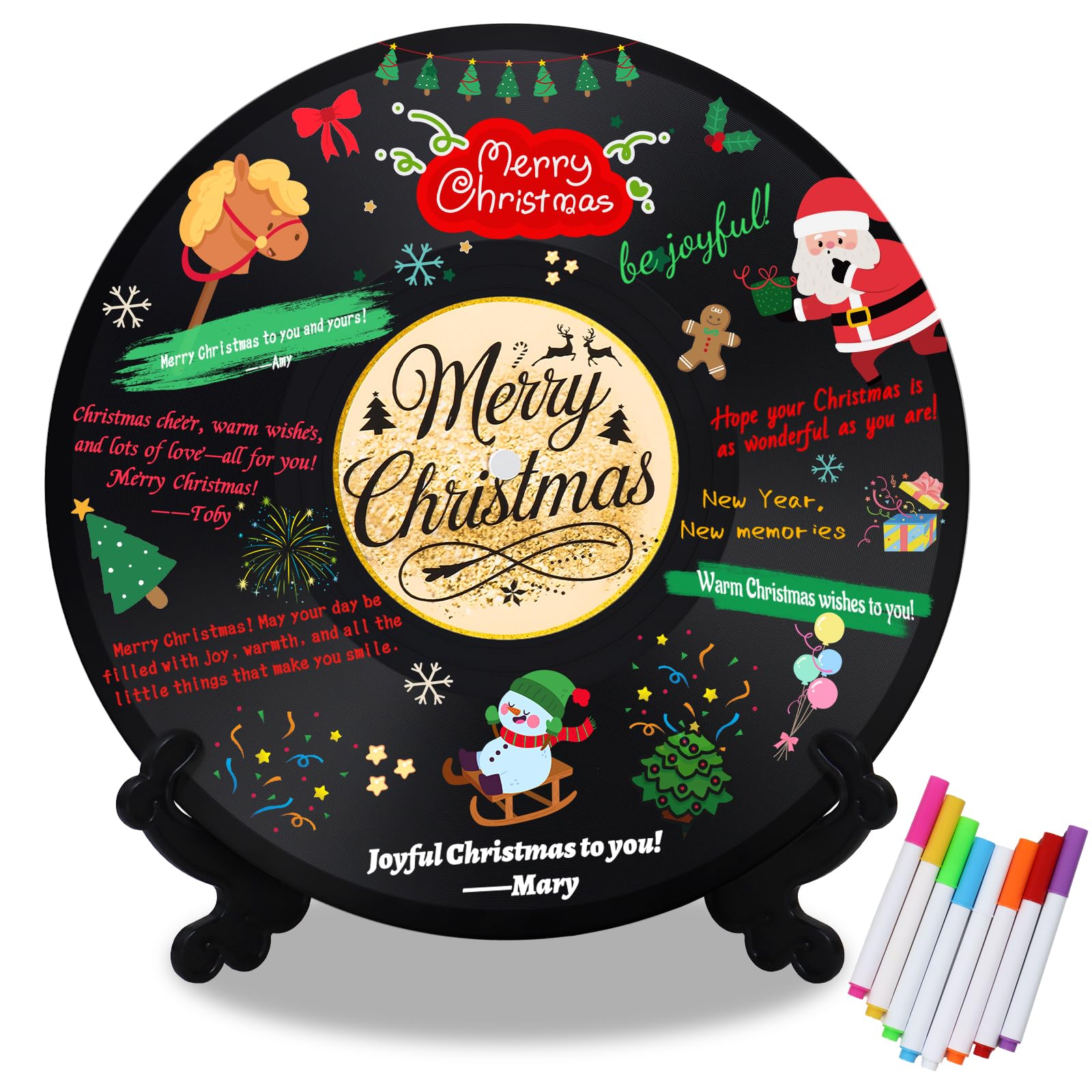 DEMIUKO Christmas Decoration Vinyl Record Party Table Centrepiece Decorative Guest Book Alternative for Family 11.7x11.7in Black Vinyl Music Party Poster Disco Personalized Gifts with Pens Bracket