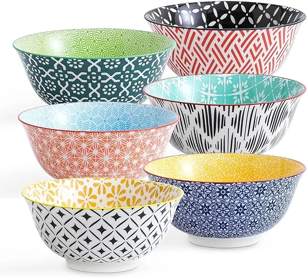 KOLLOV Cereal Bowls Set of 6 for Kitchen, 23oz Ceramic Bowls for Soup, Salad, Dessert, Rice, Serving, Oatmeal, Dishwasher & Microwave Safe, Assorted Colors