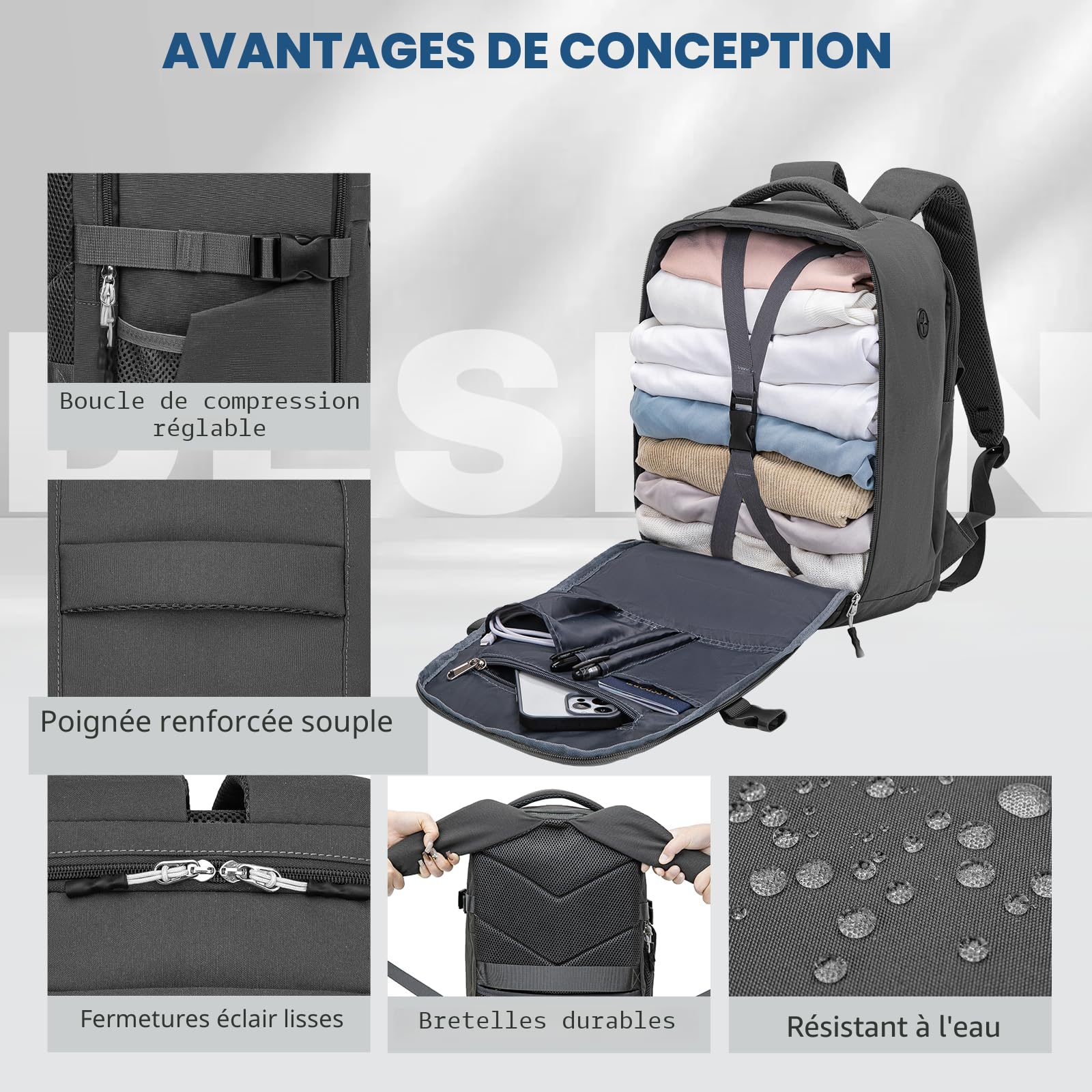 Xkdoai Sac a Dos Voyage Cabine Avion 40x30x20 pour Ryanair Sac de Voyage pour 40x30x20 Avion avec Pochette Antivol Porte-Bouteille Orifice de Chargement USB Imperméable