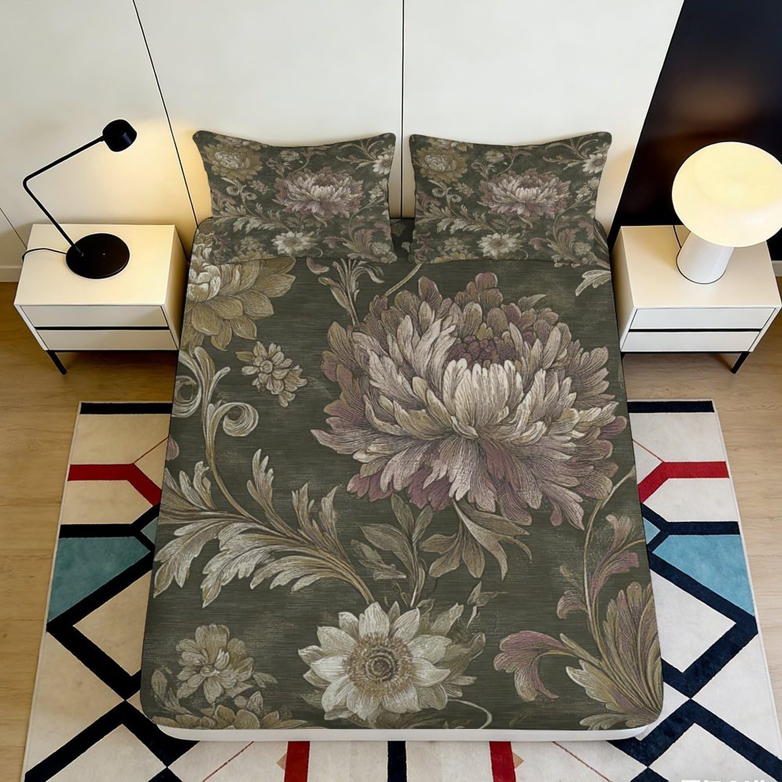 Jqzkxnhpbr Style-3 3D Printed Vintage Large Floral Fitted Sheet Microfiber Soft Breathable Retro Peony Mattress Cover For Bedroom Guest Room Decor 90X200x25cm