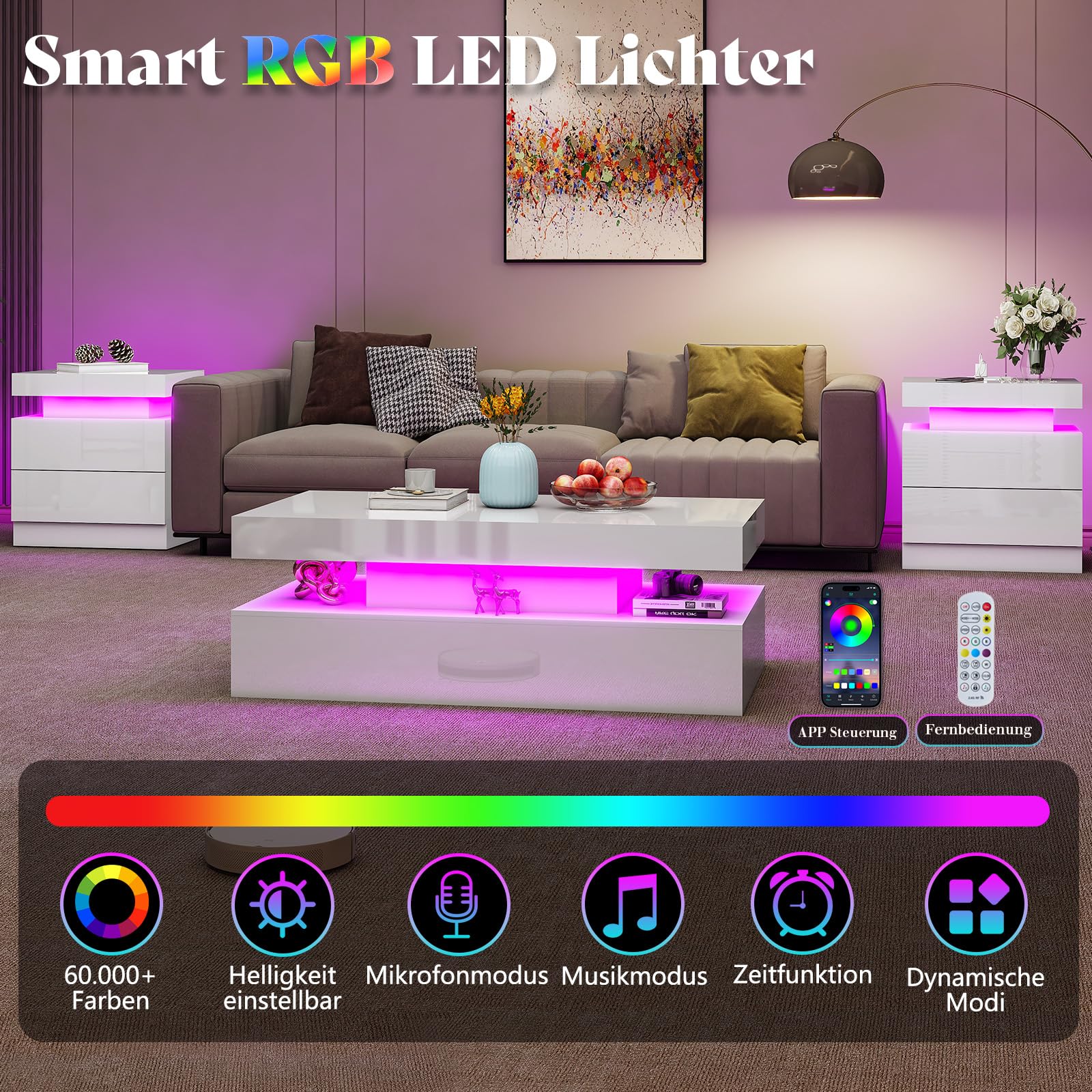 LUXOAK 100 cm Couchtisch Hochglanz mit LED, 2 Ebenen, Stauraum Weiß | RGB-Beleuchtung per App, Offene Ablagefläche, Modernes Design, Robuste Konstruktion, Vielseitig nutzbar