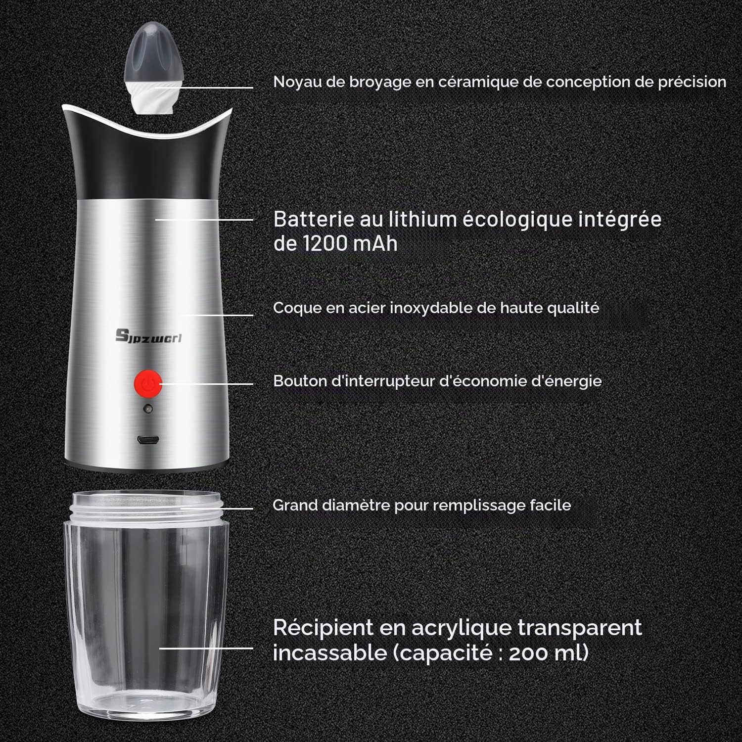 Moulin à Poivre Sel Électrique: Rechargeable USB 170ml Inox | Mouture réglable, gravité, avec éclairage LED. Salière et poivrière automatique