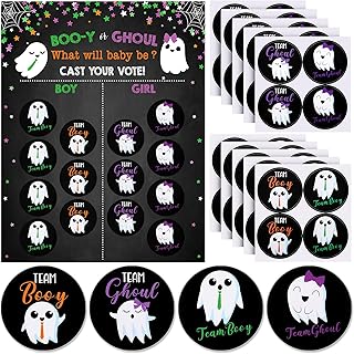 72 Pieces Halloween Gender Reveal Stickers Ghost Team Stickers with 1 Piece Halloween Gender Reveal Voting Game Poster Sign Gender Reveal Game Kit for Halloween Gender Reveal Party Decor Supplies