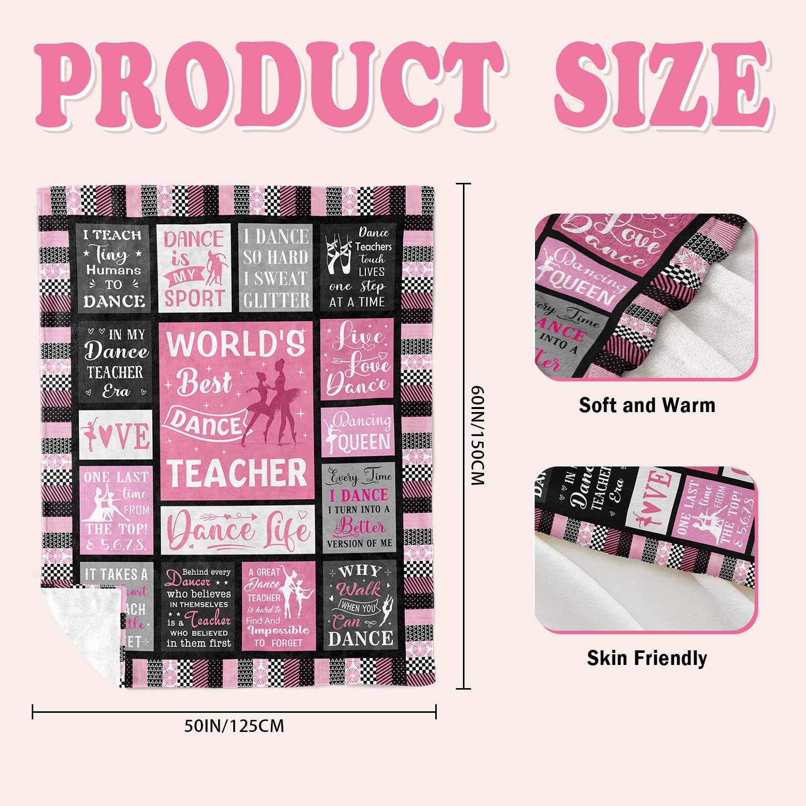 Dance Teacher Gift Blanket, Christmas Birthday Appreciation Gifts for Dance Teacher, Thank You Gift for Teachers Day, Retirement, Graduation, or End of Year（Pink, 60"X50"）
