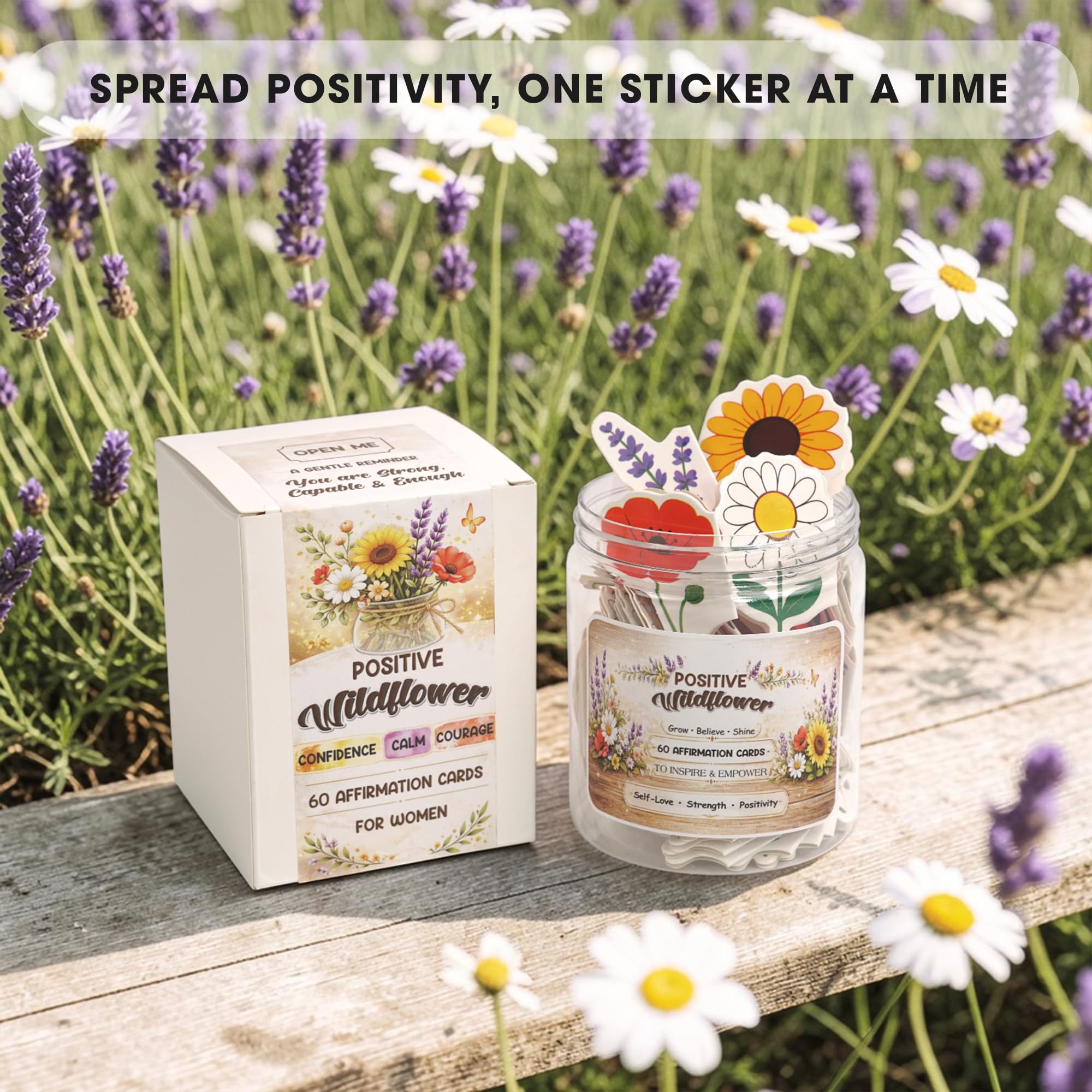 Birthday Gifts for Women, Positive Wildflower Affirmation Cards Jar – Sunflower Daisy Lavender Poppy Daily Affirmations, Encouragement Gift, Relaxation & Stress Relief Desk Decor