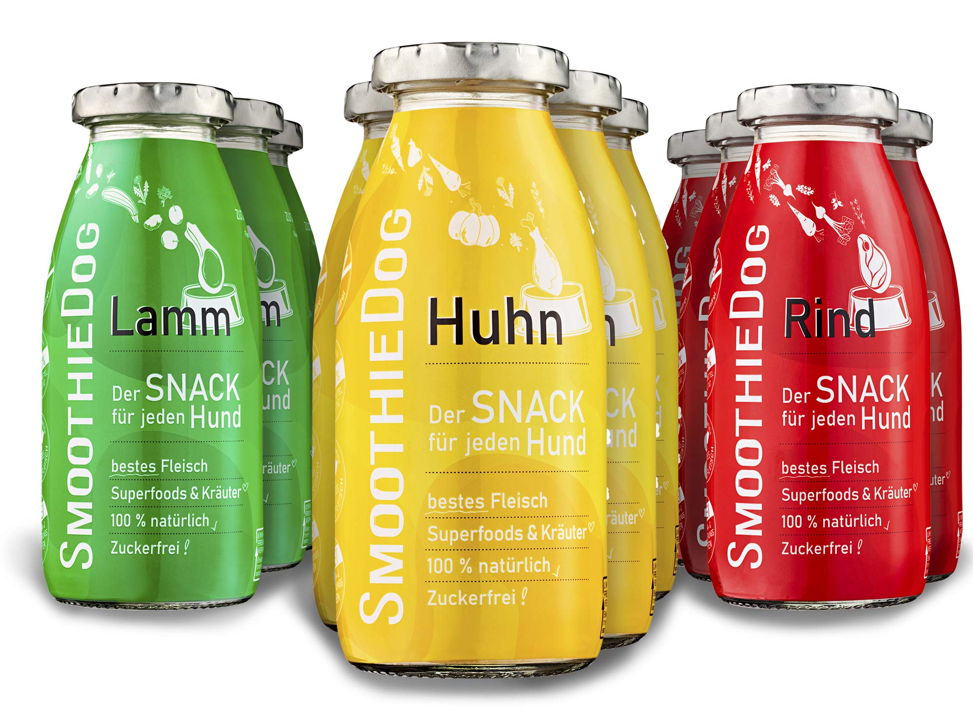 SmoothieDog 12er Probierset + Lickimat Buddy L grün 30,5x25,5cm Hundesmoothie - 4xLamm, 4xRind, 4X Huhn - je250ml Probierpaket - Gluten und Zuckerfrei (Grün)