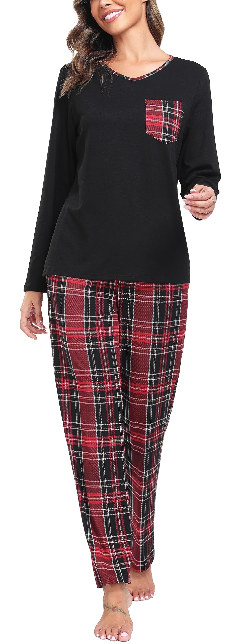 Lovasy Pigiama Donna Manica Lunga Pantaloni Lunghi Casual Scollo a V Top con Motivo a Pois Carino con Tasca Due Pezzi