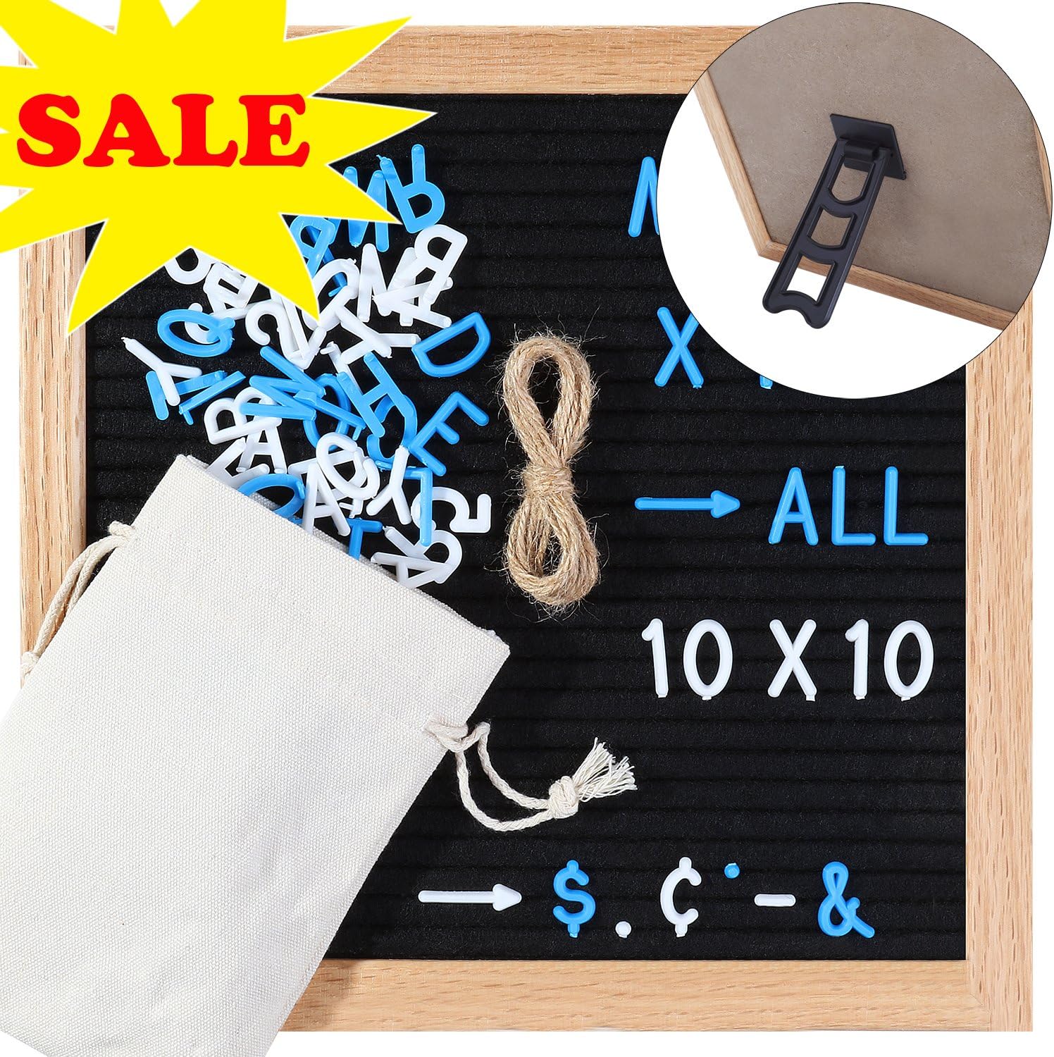 [Clearance] Felt Letter Board 10x10 inch Oak Frame Changeable Letter Board with Stand Wall Mount Hanging Rope, 290 Blue White Letters