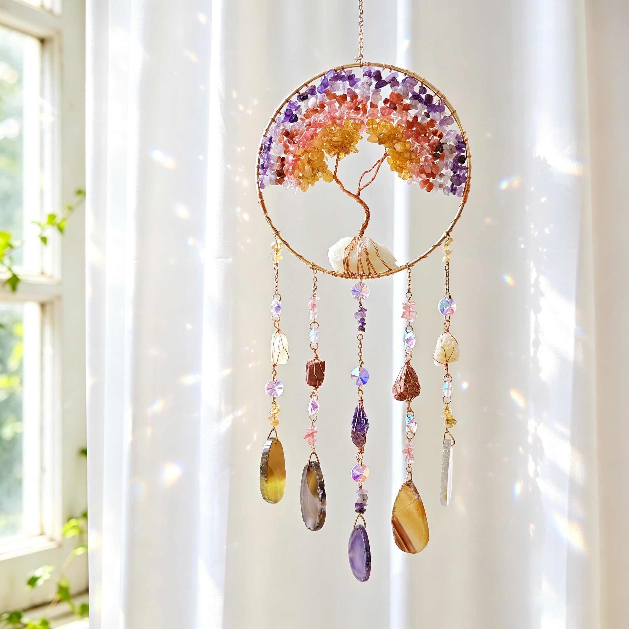 Atrapasueños de árbol de la vida, decoración bohemia para colgar en la pared para dormitorio, sala de estar, hecho a mano, piedra de cristal curativo, regalo para mujeres, mamá, cumpleaños