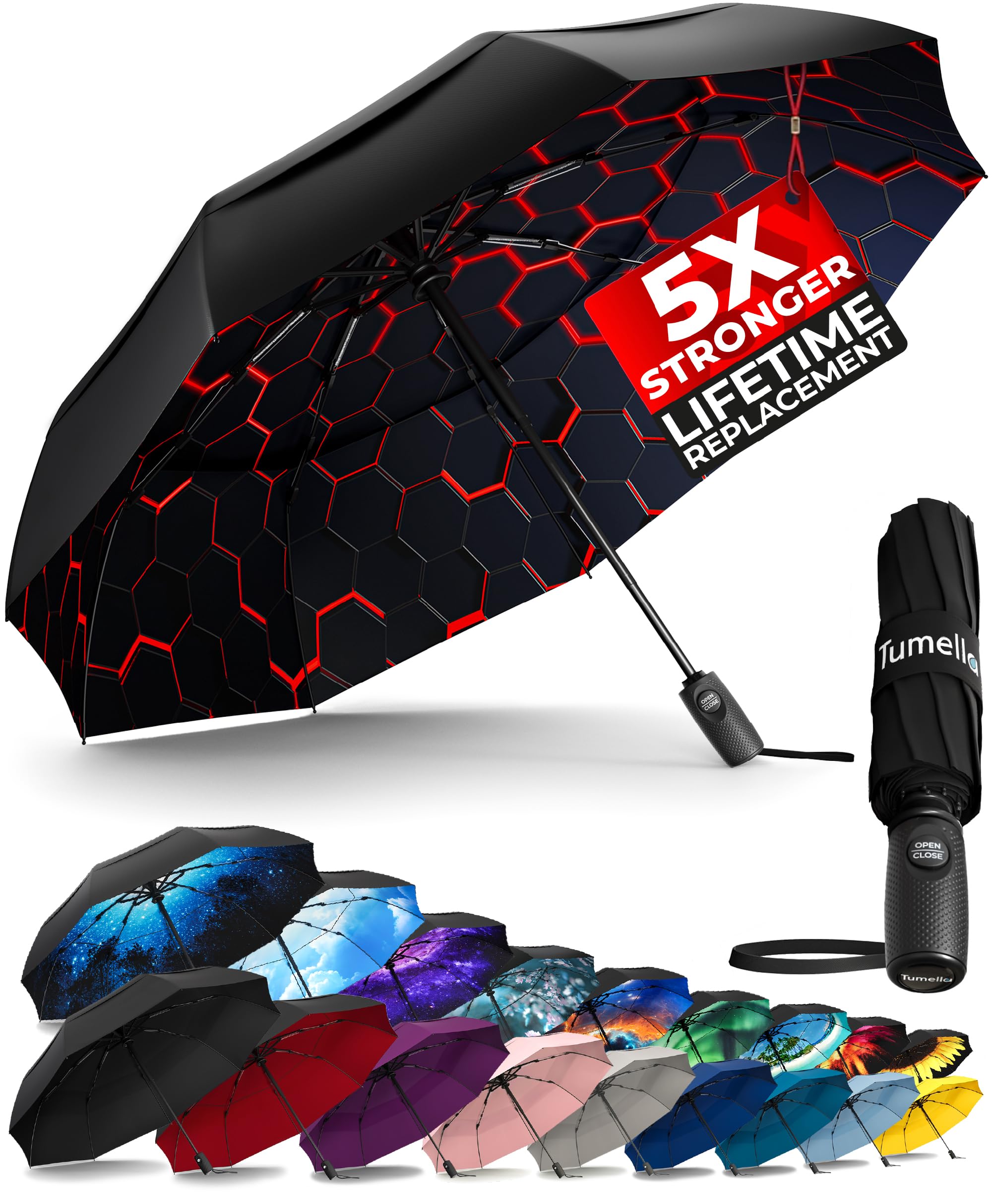 TUMELLA Strongest Windproof Travel Umbrella (Compact, 100MPH Wind-Tested), Light, Portable, One-Handed Use, Automatic Folding Rain Umbrella, Durable, Premium Grip, Fits Car &amp; Backpack
