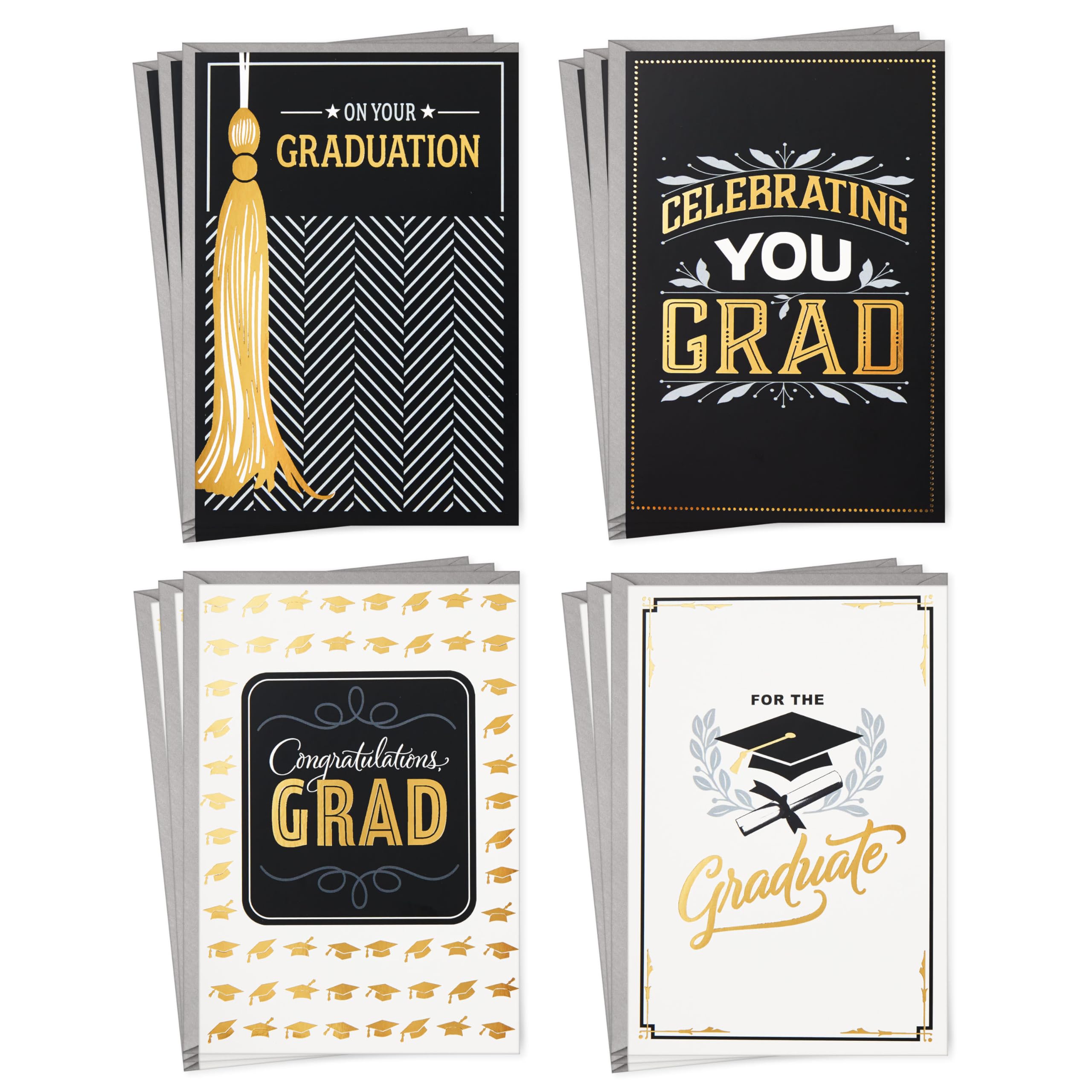 Hallmark Graduation Cards Assortment, Black and Gold, Congratulations Grad (12 Cards and Envelopes, 4 Designs) : Office Products