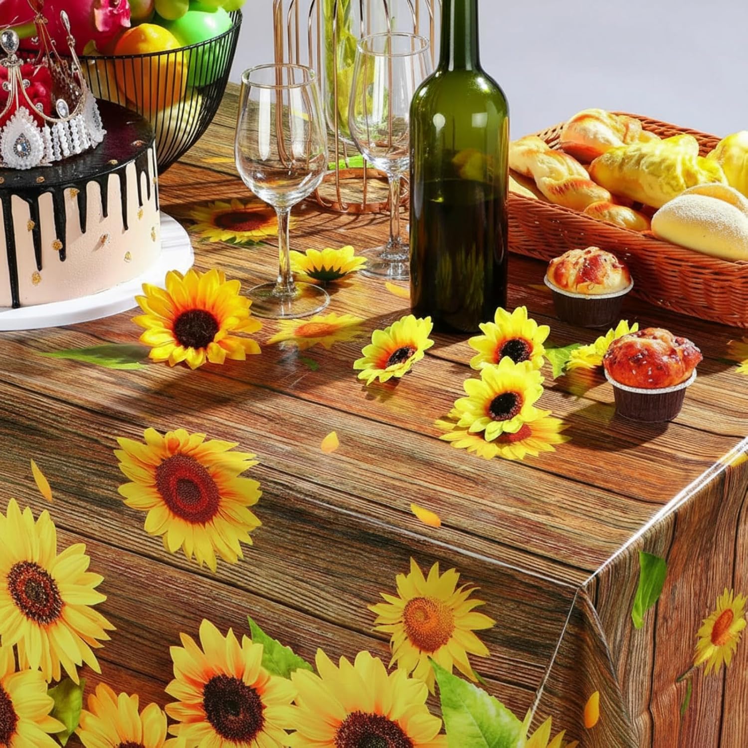 Breling Sunflower Tablecloth Decorations Plastic Sunflower Picnic Table Cover Vintage Wood Grain Tablecloth for Camping Indoor Outdoor Birthday Baby Shower Party Supplies, 54 x 108 Inch(Dark Brown)