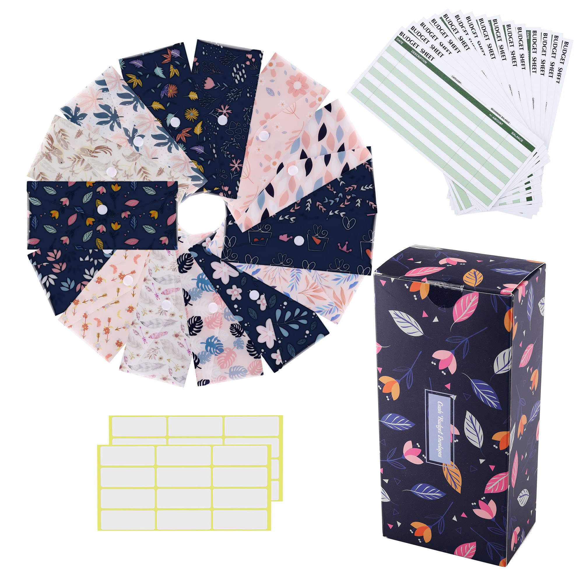 Yoption32Pcs Cash Envelope System, 15 Pack Waterproof Reusable Plastic Budget Envelopes, 15 Pcs Expense Tracking Budget Sheets and 24 Bill Planner Stickers (Plant Series)
