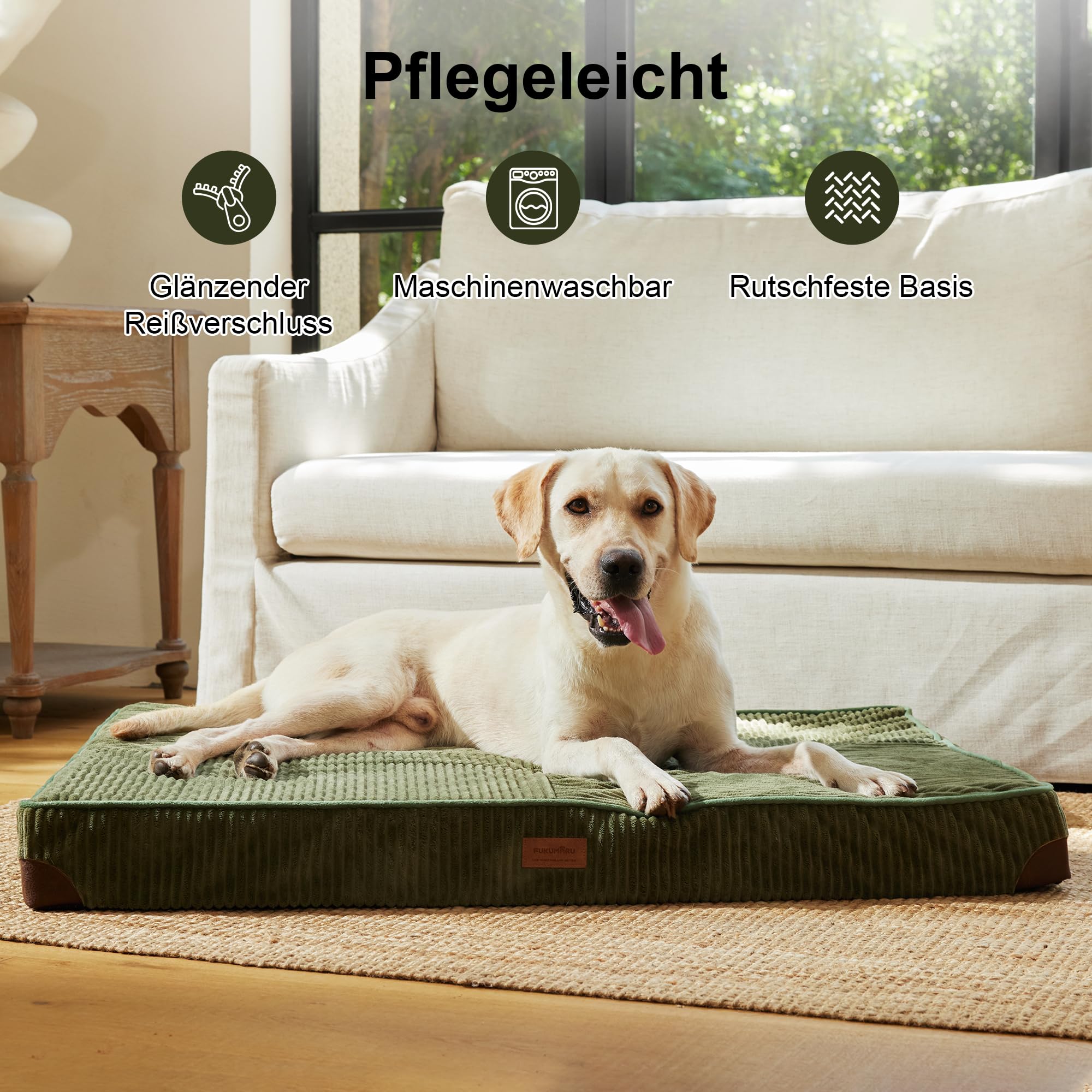 FUKUMARU Orthopädisches Hundebett - 91x56x9 cm, waschbares Hundekissen mit wasserdichter Gewebeschicht, kuschelige Hundematte, Hundematratze, Anti-Rutsch Hundecouch, grün.