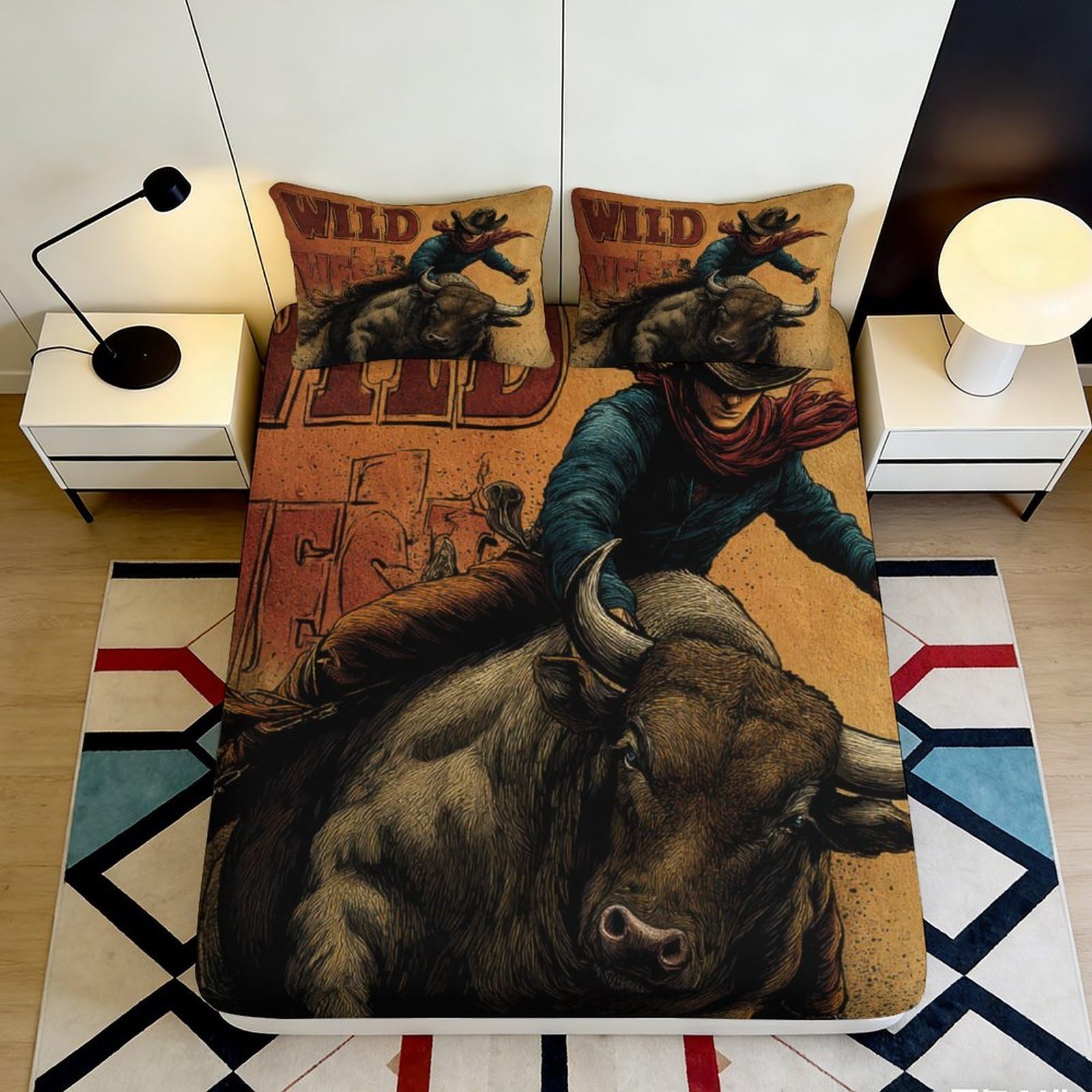3D Printed Cowboy Rodeo Fitted Sheet Microfiber Soft Western Bull Riding Mattress Cover for Bedroom Dorm Decor 90x200x25cm