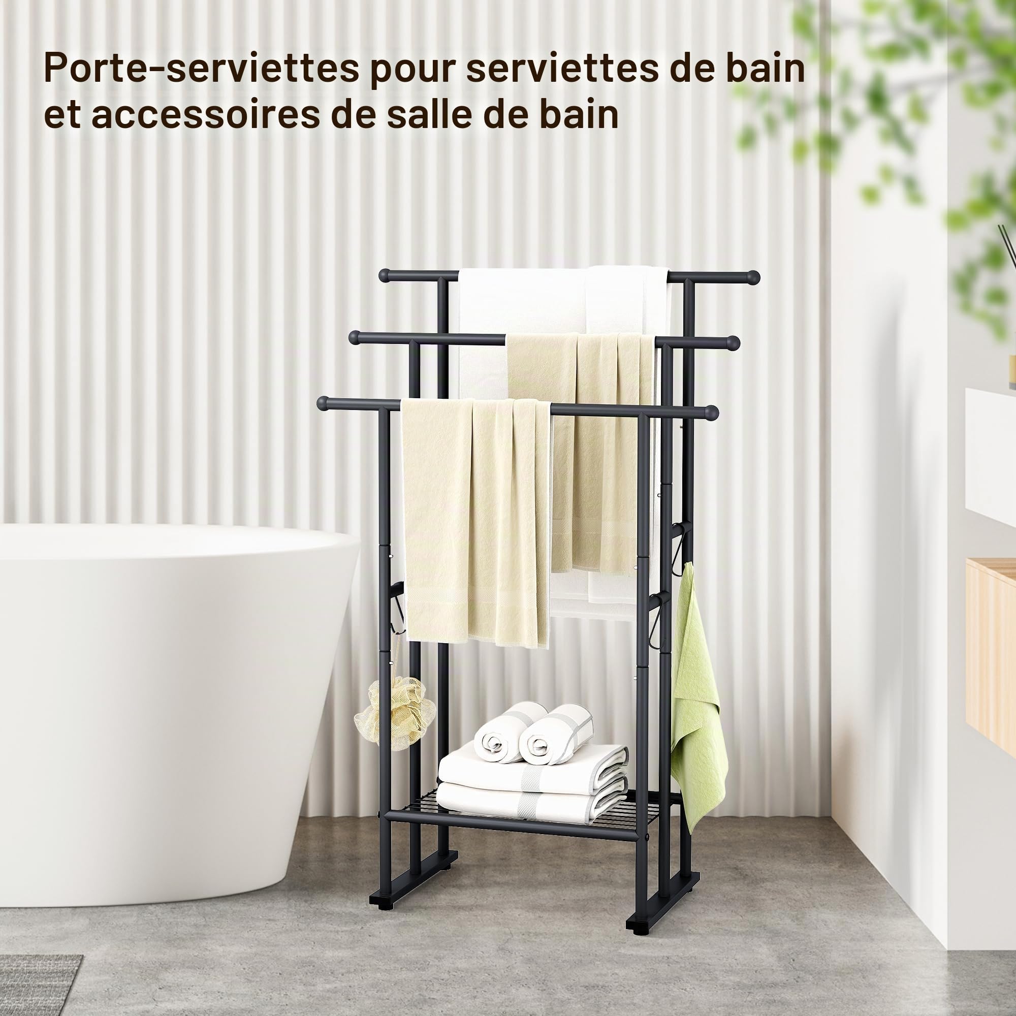 ELYKEN Porte-Serviettes sur Pied 3 Niveaux, Noir