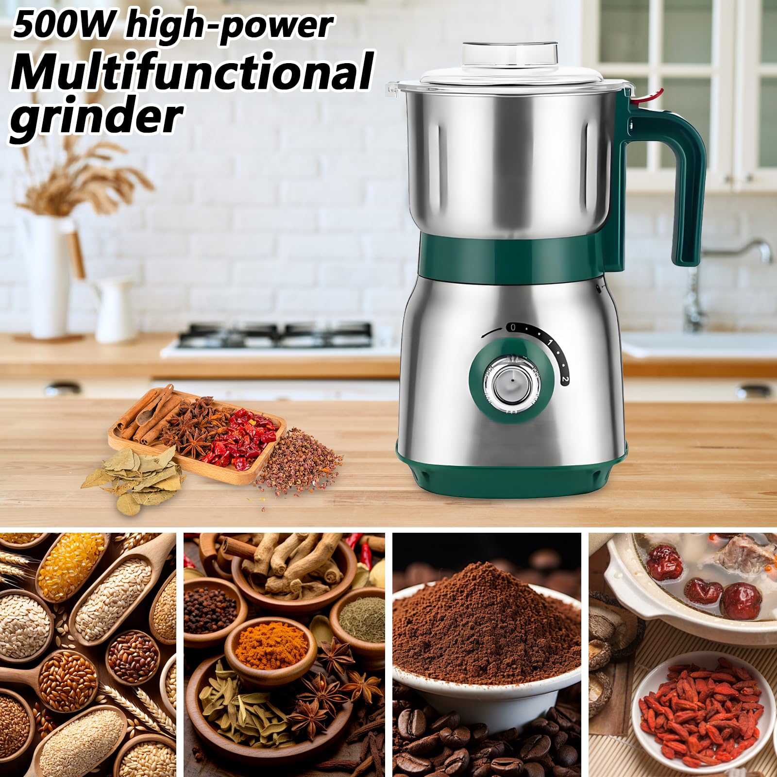 Molino de grano eléctrico 500 W, molinillo de especias trituradora multifuncional húmedo y seco, 600 ml de acero inoxidable, 2 velocidades ajustables, molino de cereales con cepillo filtro cuchillas