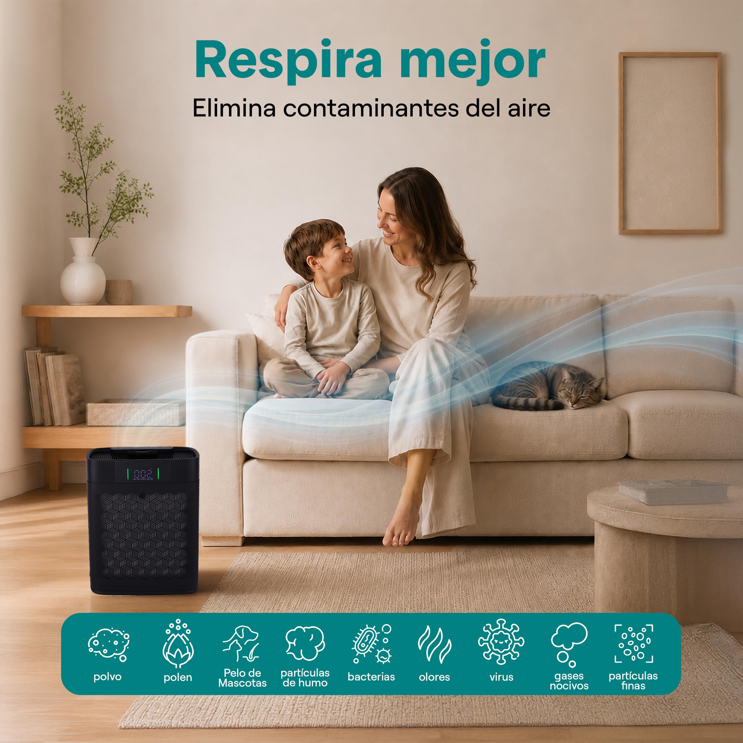 SereneLife purificador de aire HEPA para el hogar, Control Inteligente por WiFi y app, Ultra silencioso, Elimina polvo, Pelo de mascotas y olores, Cubre hasta 100 m²
