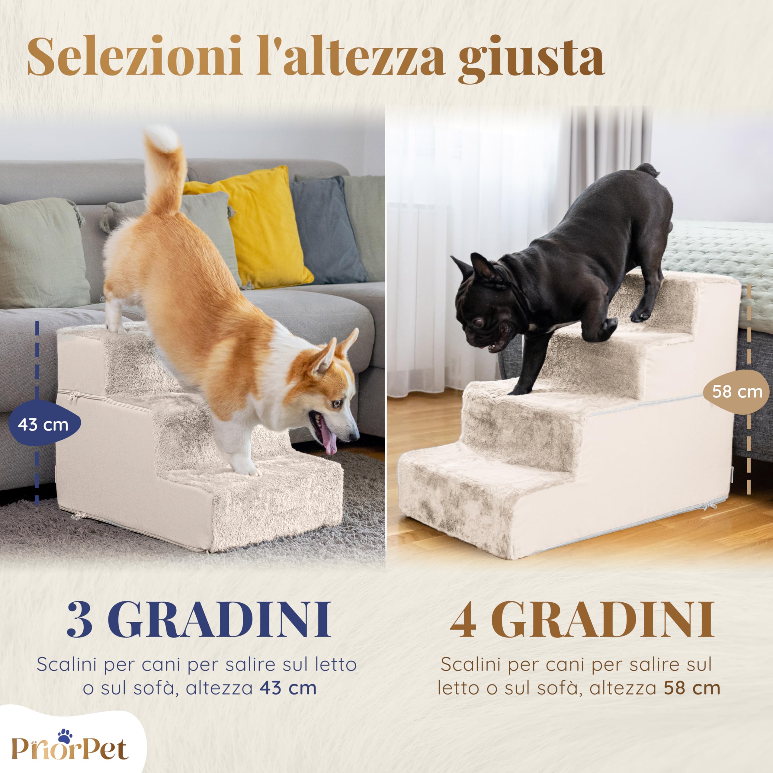 Gradini per Cuccia - Rampa per Cani a 4 Gradini - Scaletta per Cani in Schiuma ad Alta Densità da 58 cm per Cani di Piccola Taglia - Gradini per Animali Domestici Sicuri e Stabili - Bianco Crema