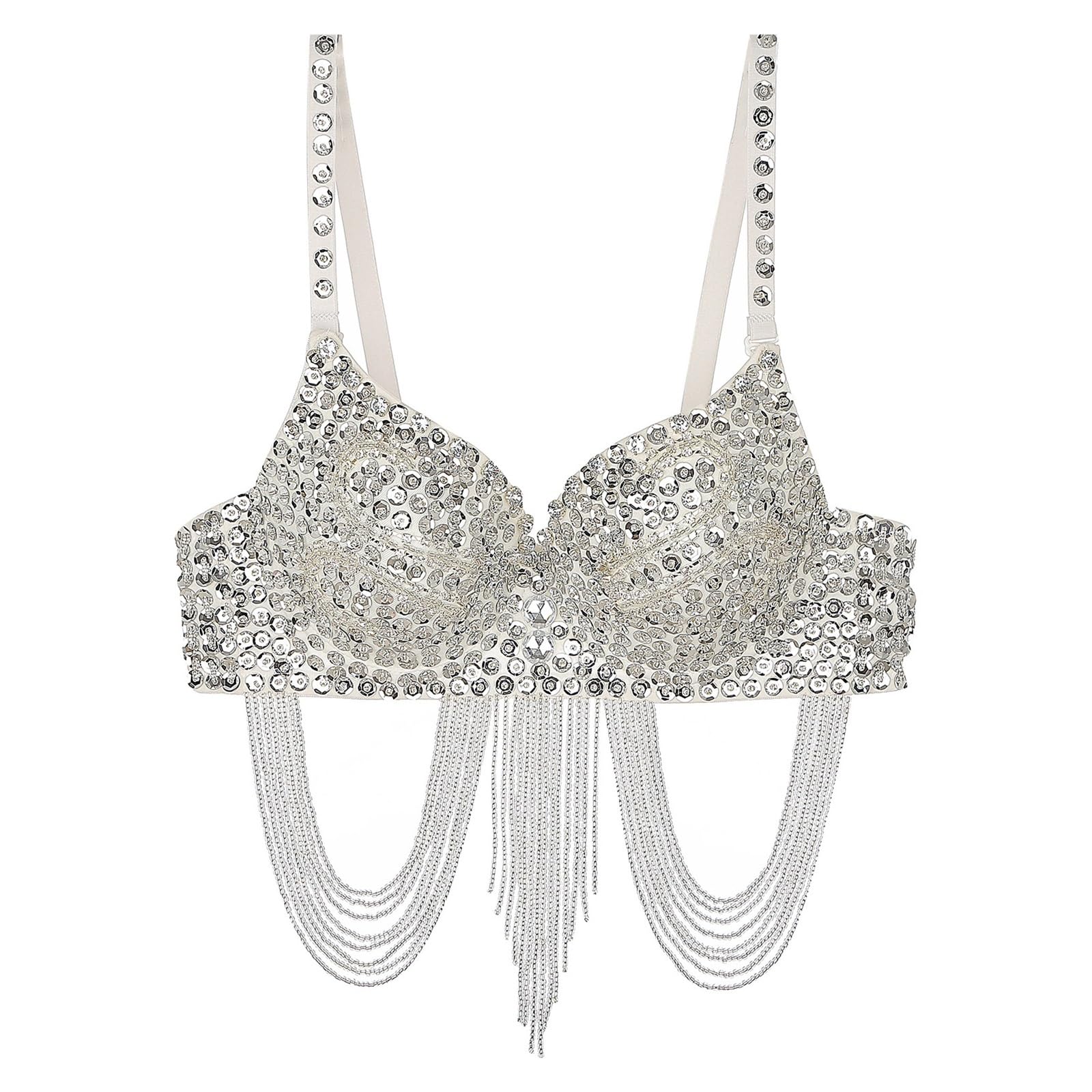 Lhsjyg Unisex Silver Sequin Bra Womens Belly Dance Costume Shiny Corset Crop Top Fringe Rhinestone Sequin Club Bra Spaghetti Straps Underwire Push Up Bustier(Silver)