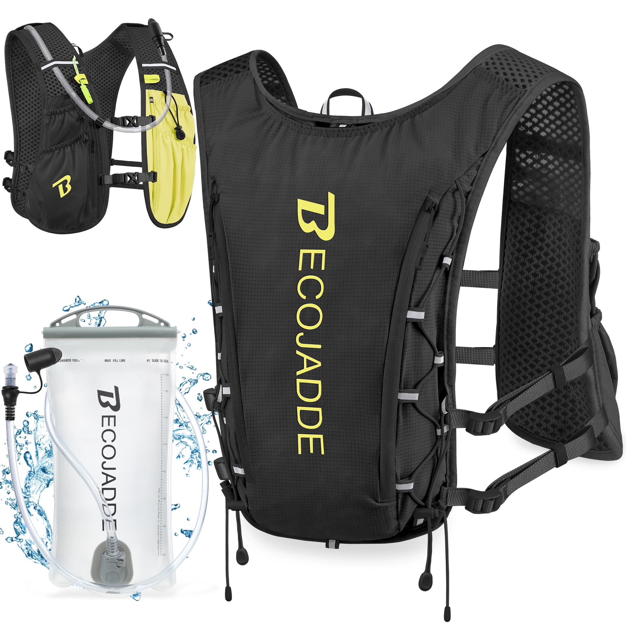 BECOJADDE Running Vest Hydration Backpack Lightweight 5L Water Pack with One 1.5L Water Bag for Men Women, Running Backpack Hydration for Marathon, Trail, Cycling, Hiking, Jogging Black