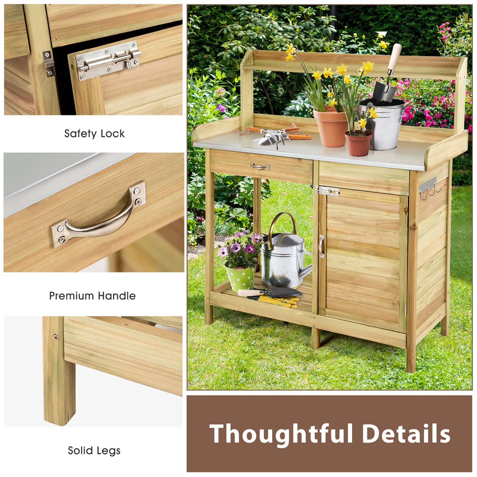 HOMASIS Tavolo da Giardino per Piante in Legno, Banco da Lavoro con Cassetto, Armadietto e Piano in Metallo, Mobile da Esterno per Giardinaggio da Balcone, Patio, Terrazzo, 112 x 46 x 125cm