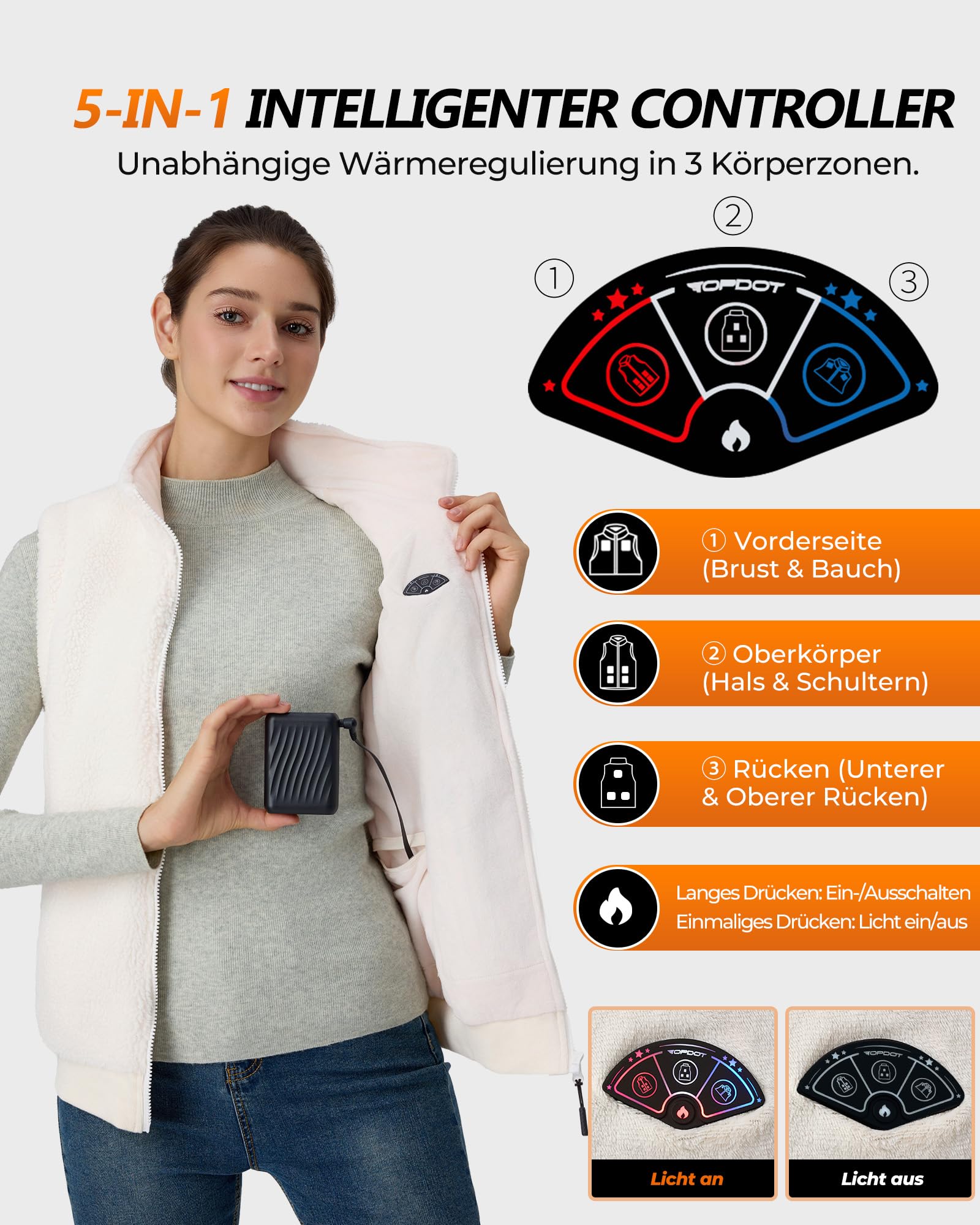 Topdot Fleece Heizweste Damen mit Powerbank 7.4V 16000mAh, 10 Heizzonen | Leicht Beheizbare Weste mit 3 Temperaturstufen, Geschenk für Radfahren, Camping, Outdoor-Arbeit im Winter, beige XS