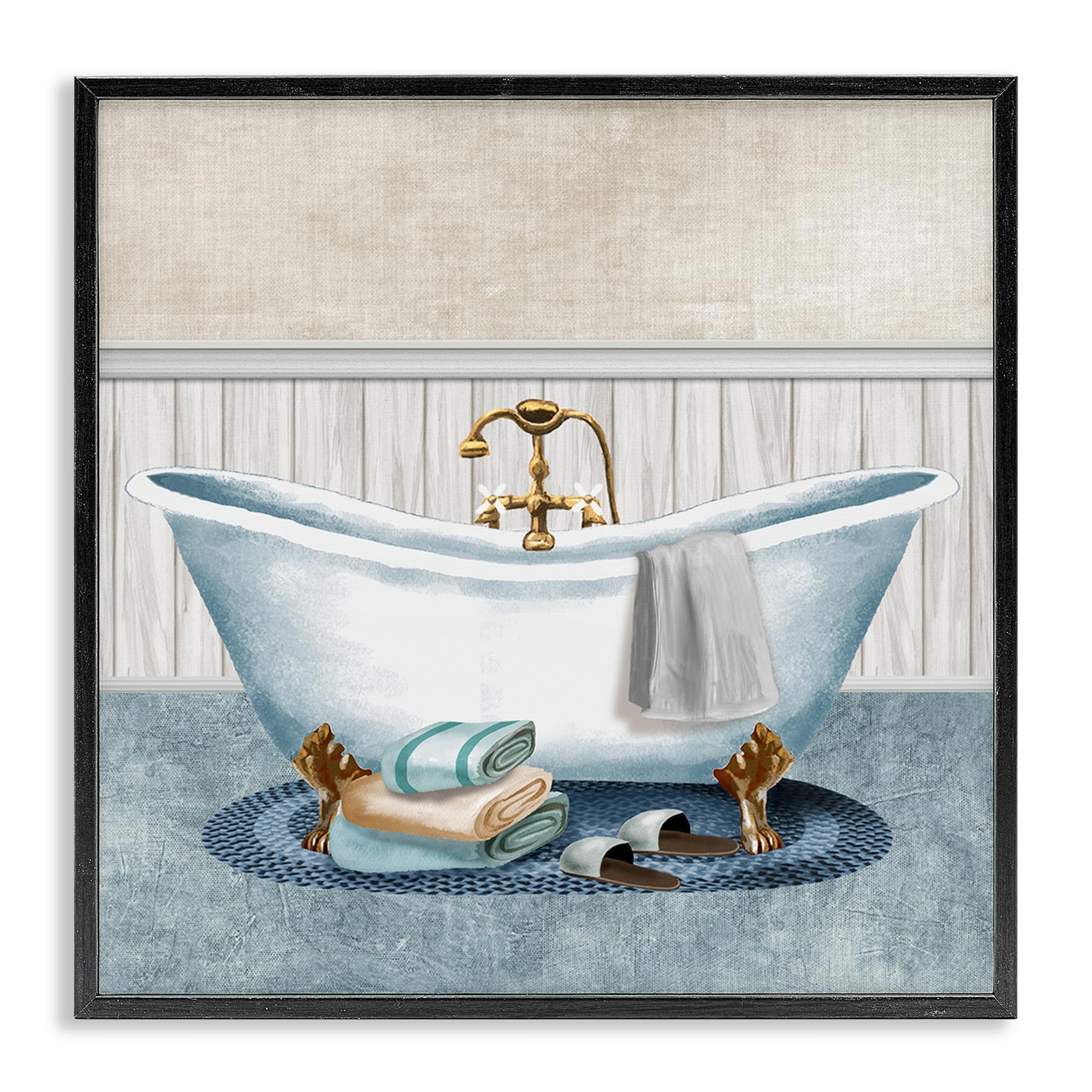 Stupell Industries Midnight Black (Textured) Cozy Spa Bathtub Slippers Relaxation, 17 X 17 Inch Framed Giclée Print